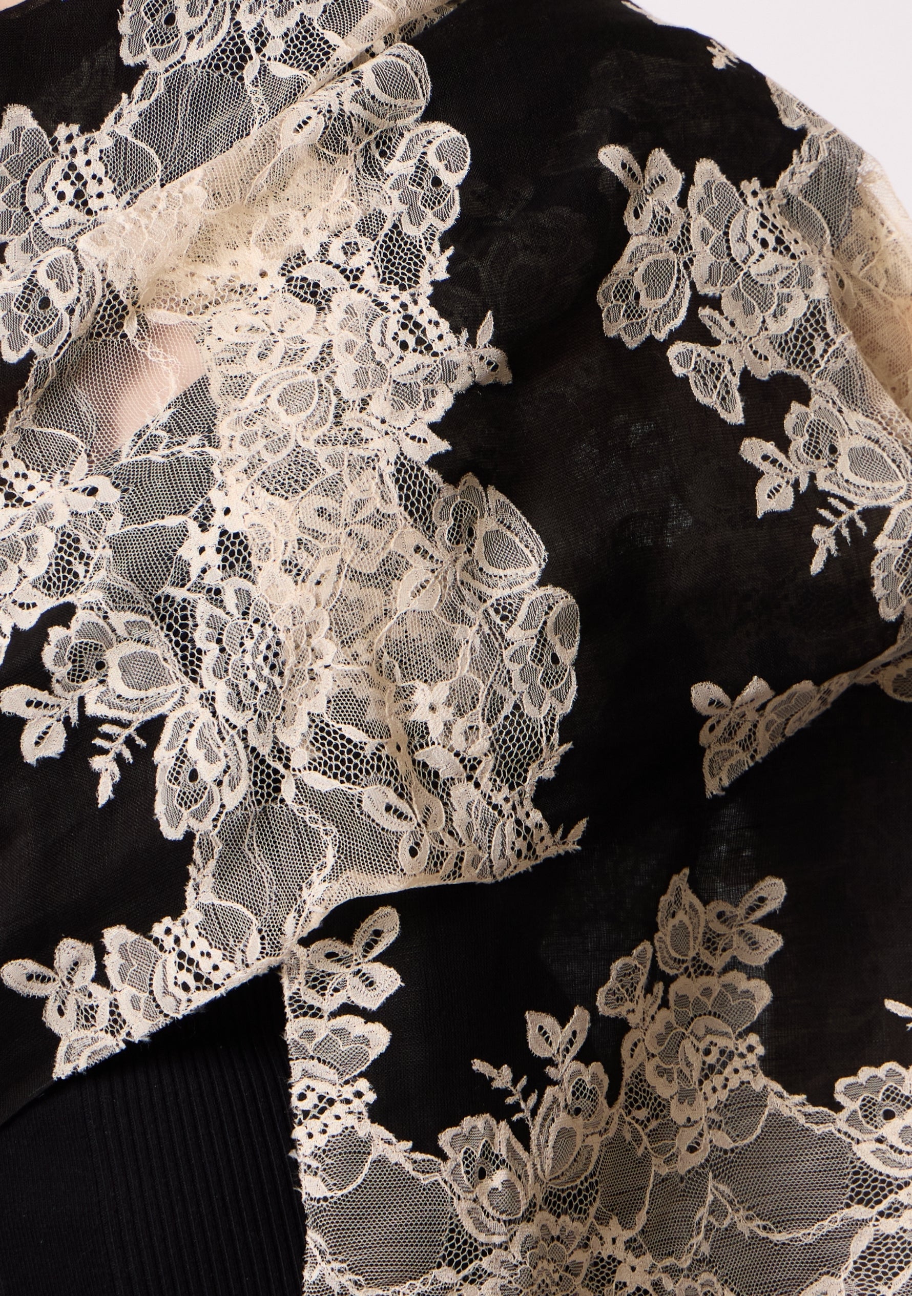 Black Linen & Modal Scarf  Beige Lace Panels