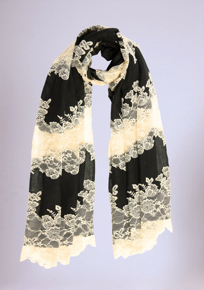 Black Linen & Modal Scarf  Beige Lace Panels