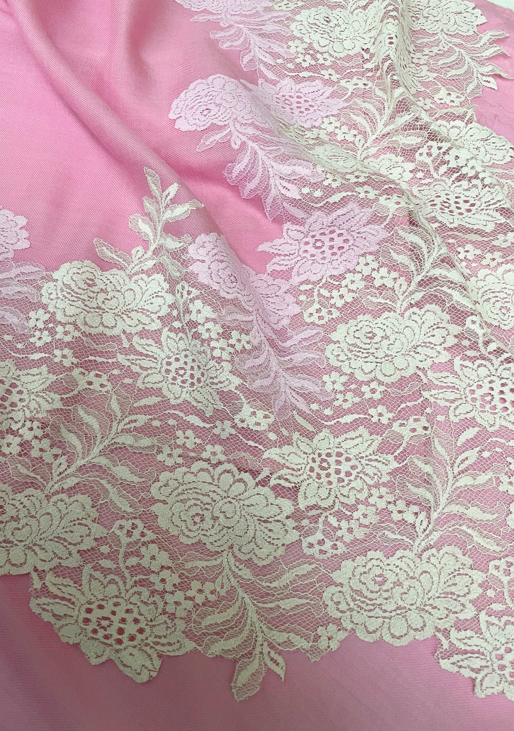 Rose Pink Wool & Silk Scarf Ivory & Soft Pink Color Lace