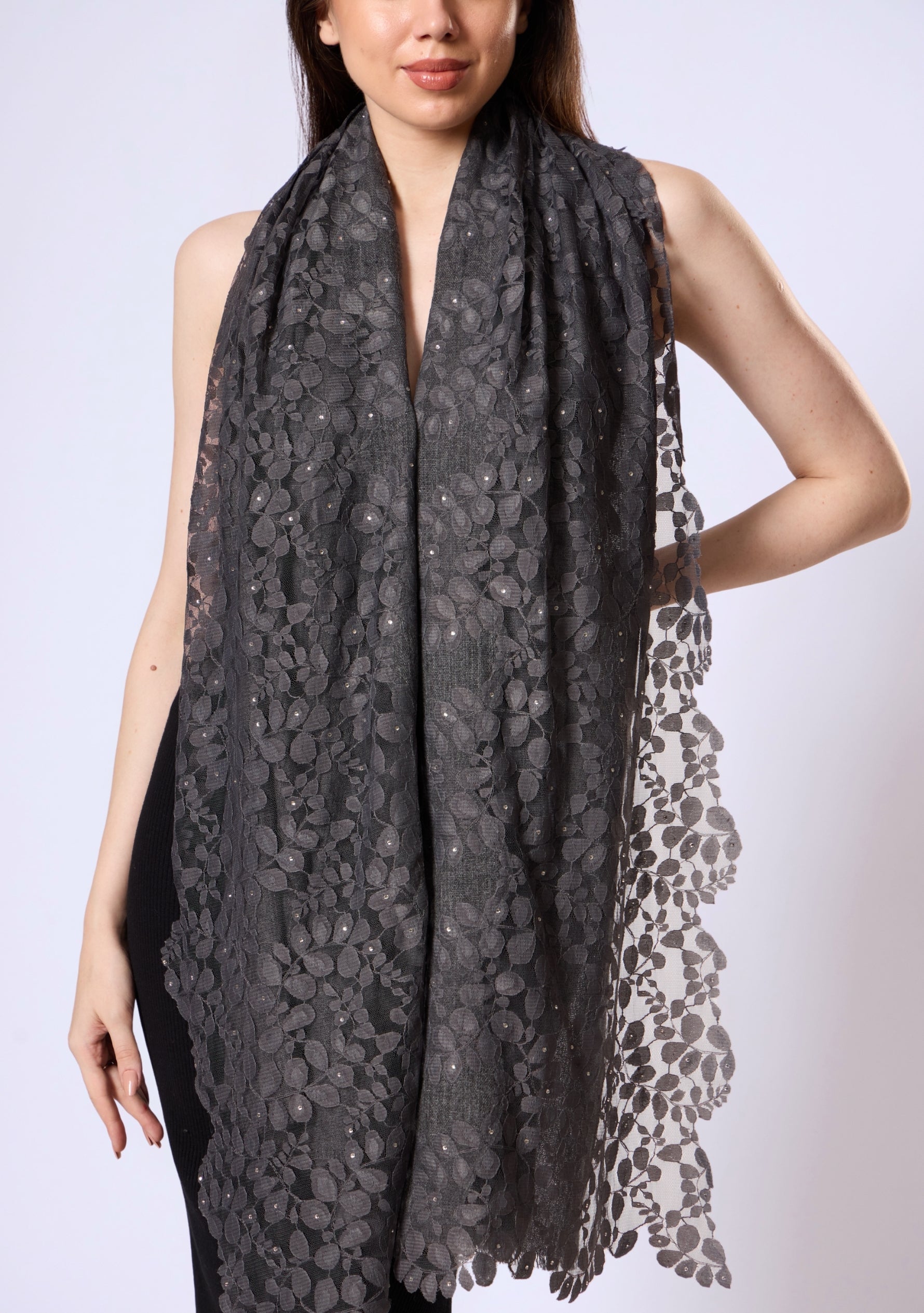 Charcoal Melange Wool Scarf Charcoal Lace & Silver Swarovski