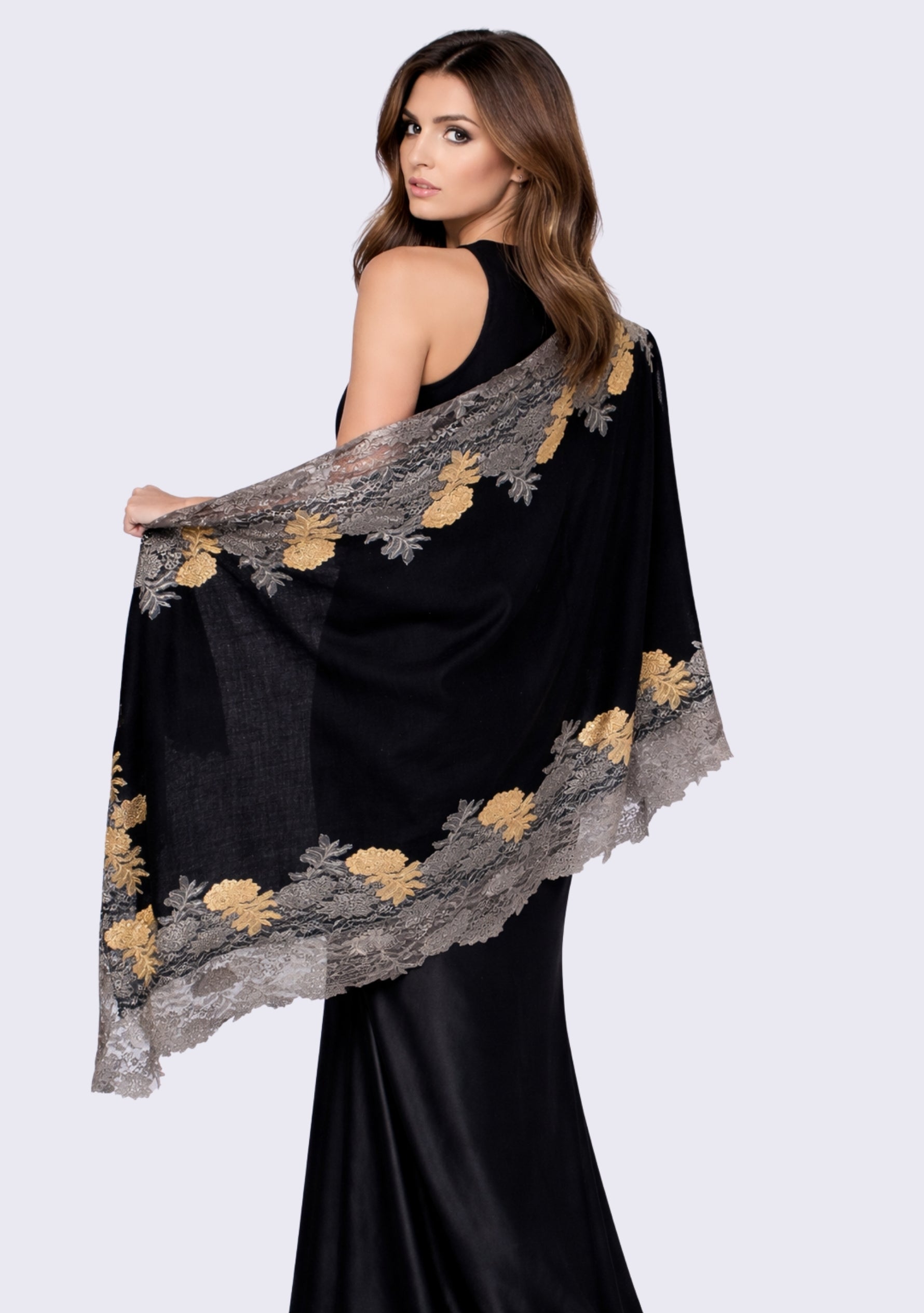 Black Wool & Silk Scarf  and Square Gold Resin Pendant Necklace