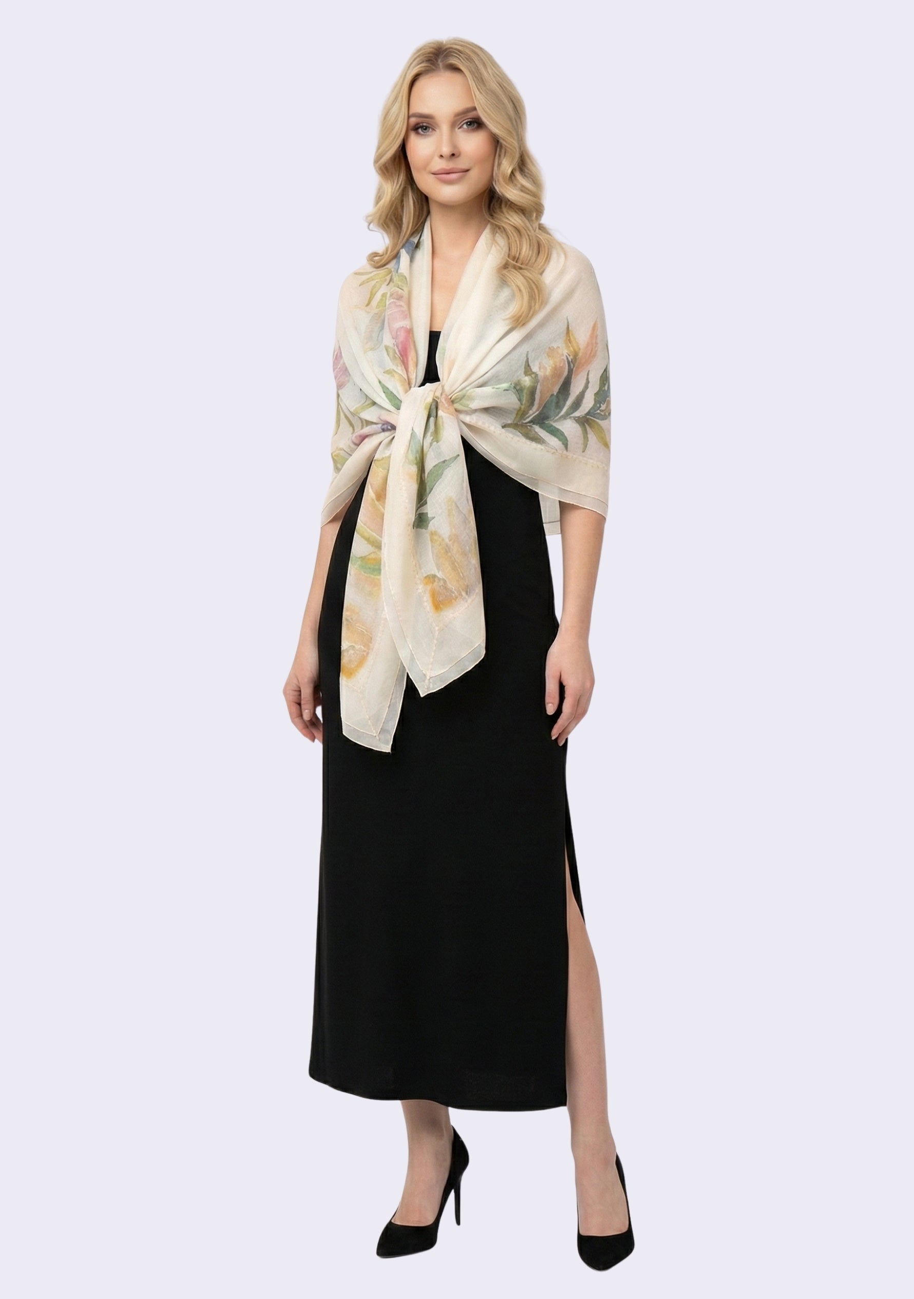 Beige Cashmere Scarf 
Hand-Painted, Frill & Lace