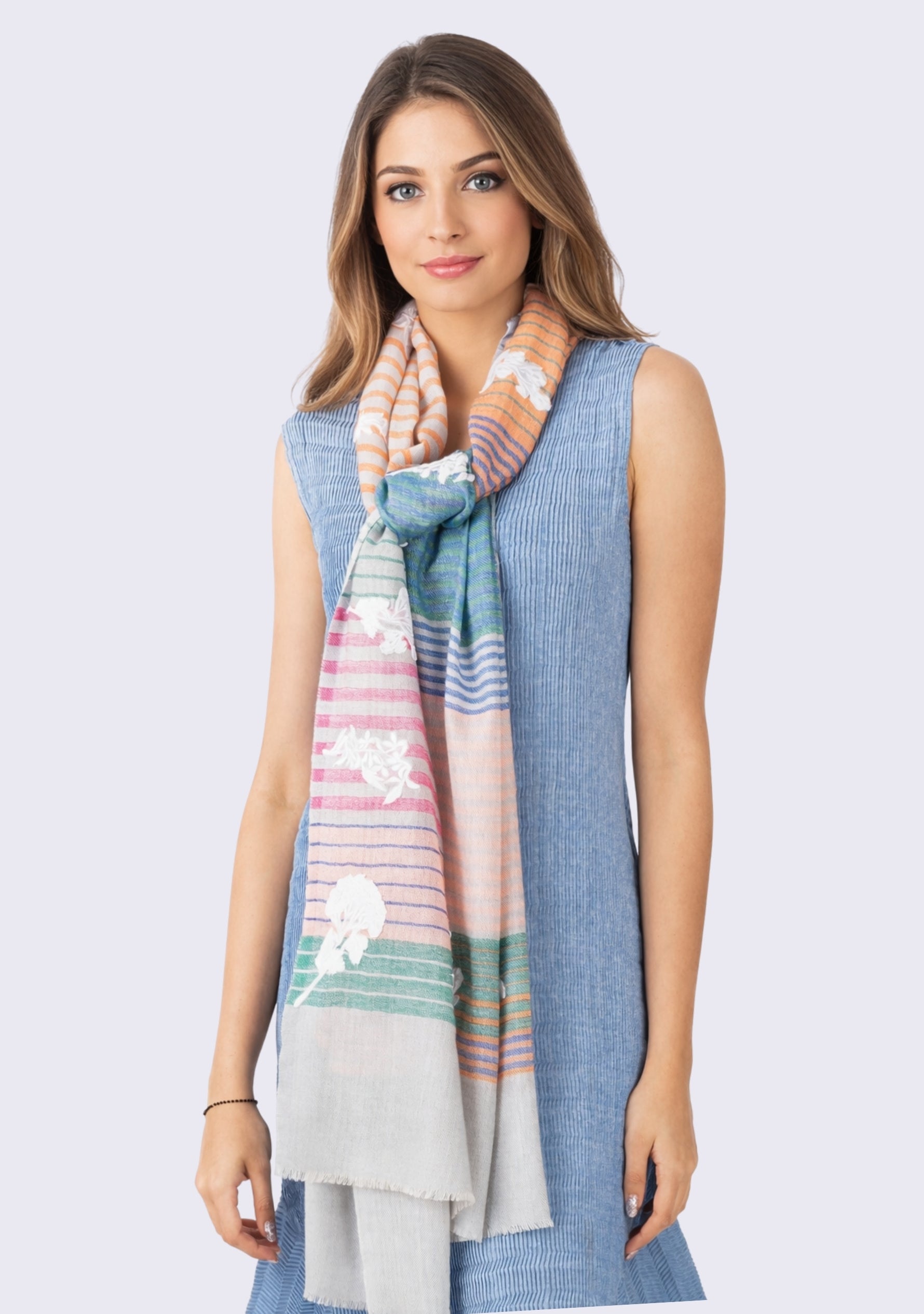 Multi-Striped Wool & Silk ScarfIvory Applique