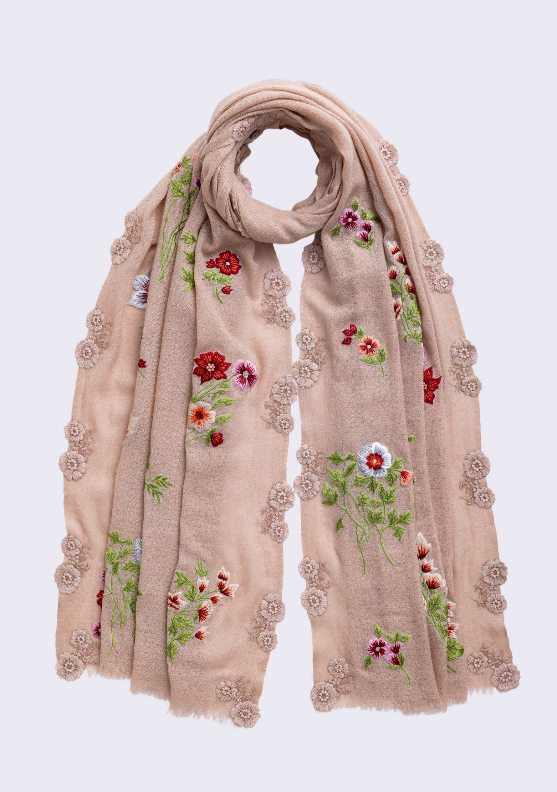 Beige scarf with floral embroidery