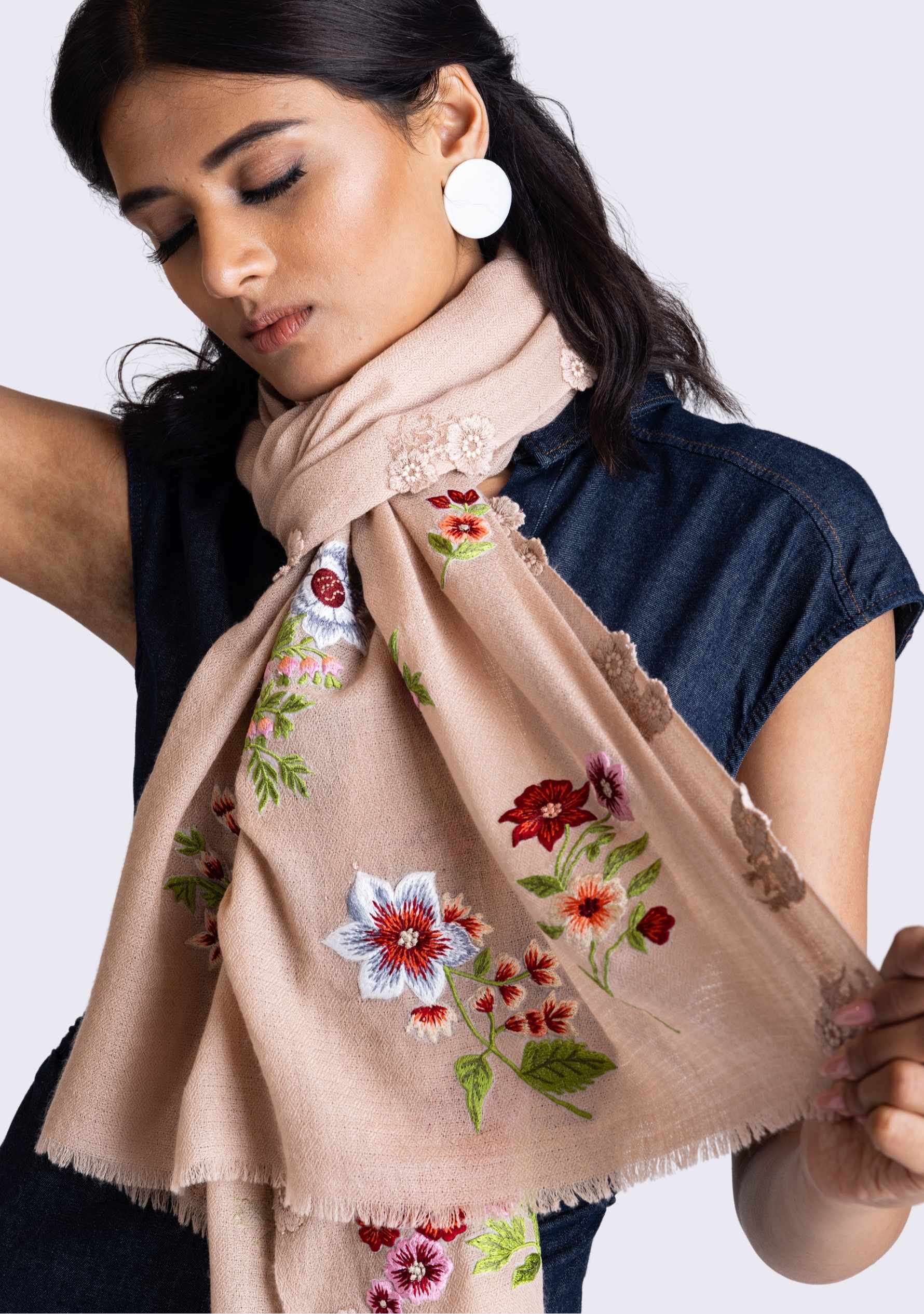 Lt. Copper Cashmere Scarf
Multi-colored Embroidery & Lt. Copper Lace