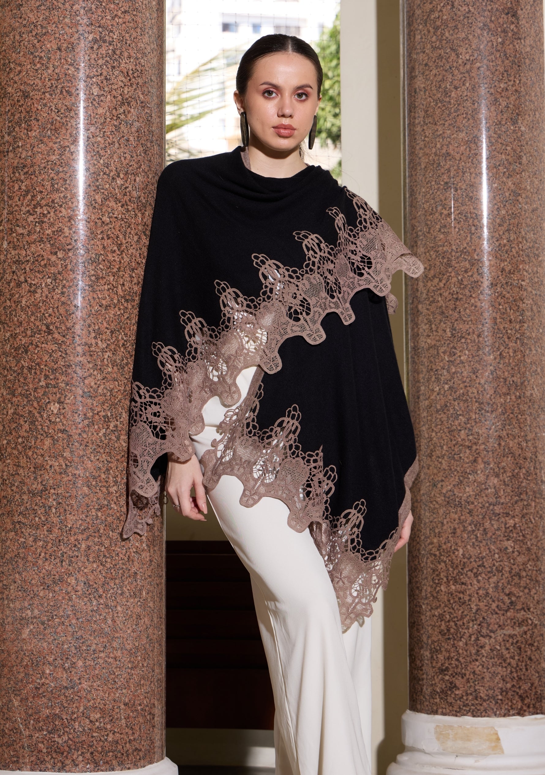 Black Wool Cape  Taupe Lace