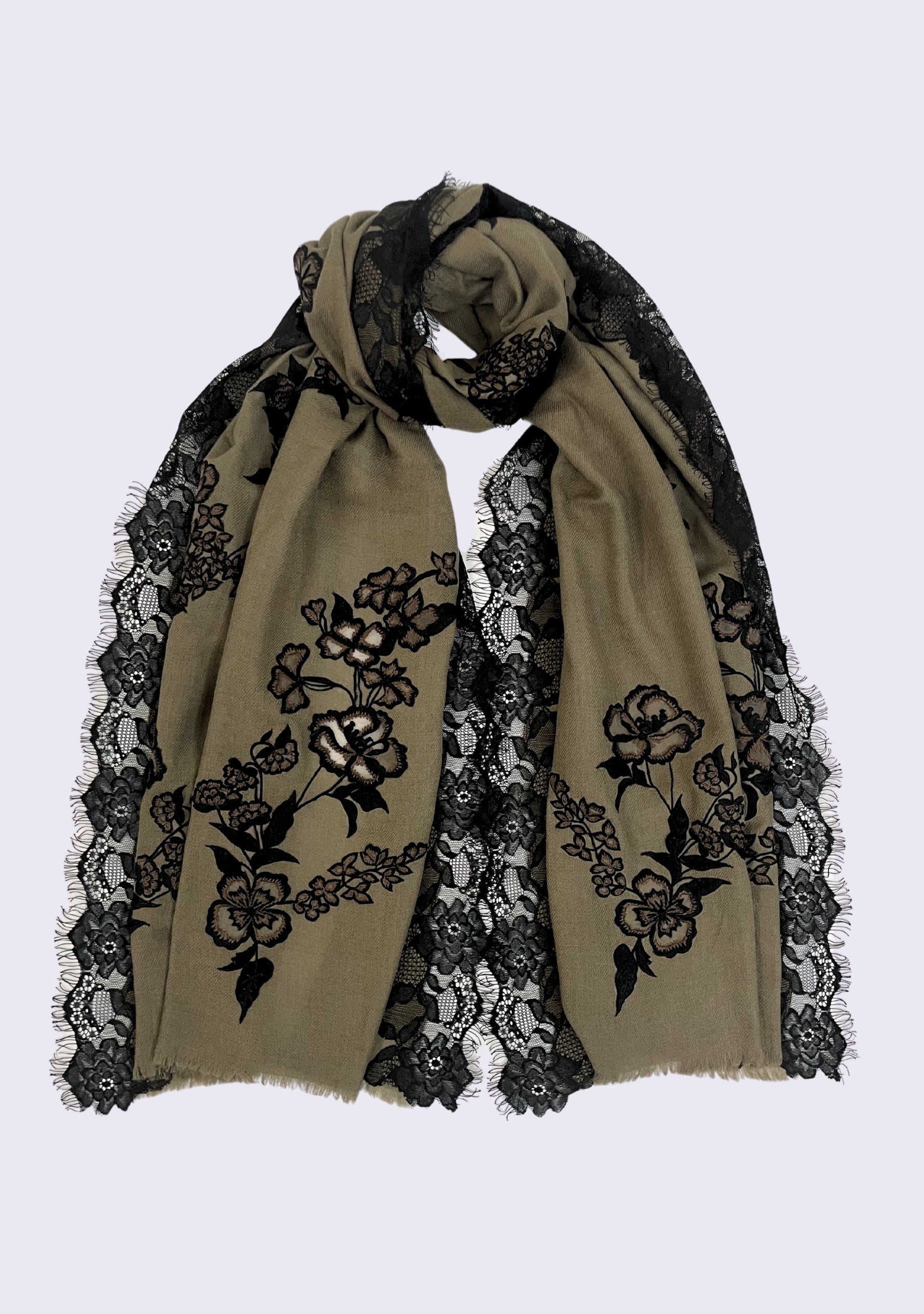 Taupe Cashmere Scarf Black & Taupe Floral Embroidery & Black Filigree Lace