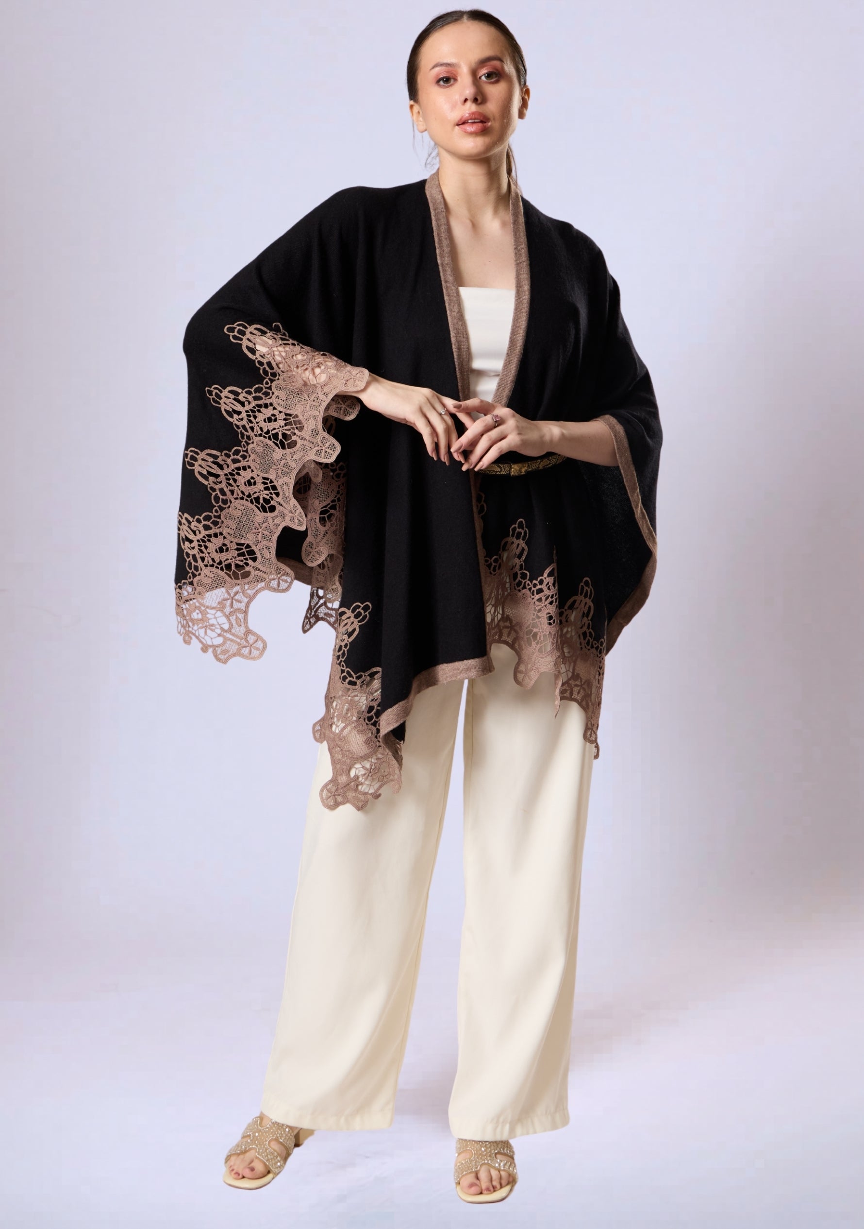 Black Wool Cape Taupe Lace