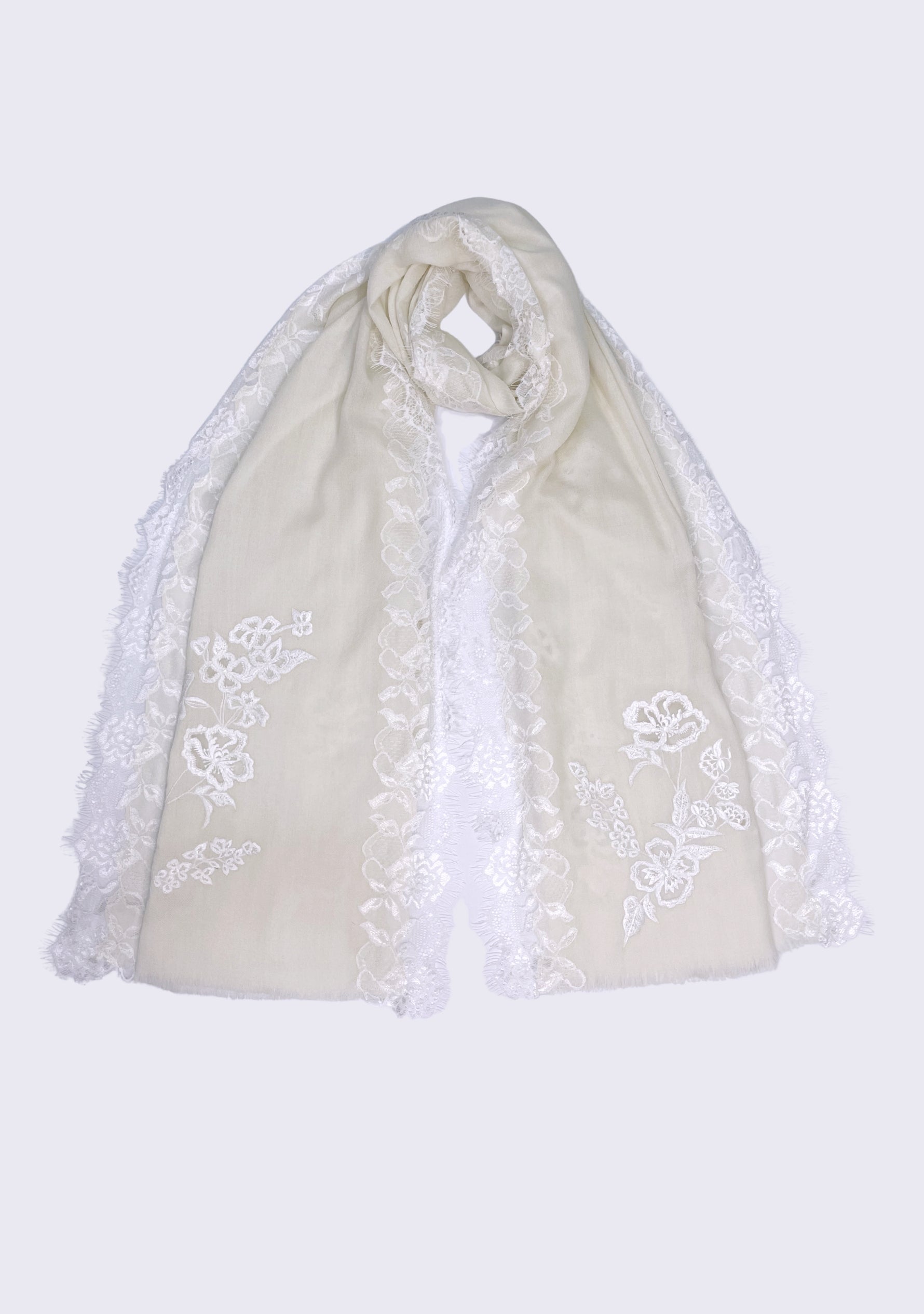 Cloud Dancer Cashmere Scarf   White Floral Embroidery & Filigree Lace