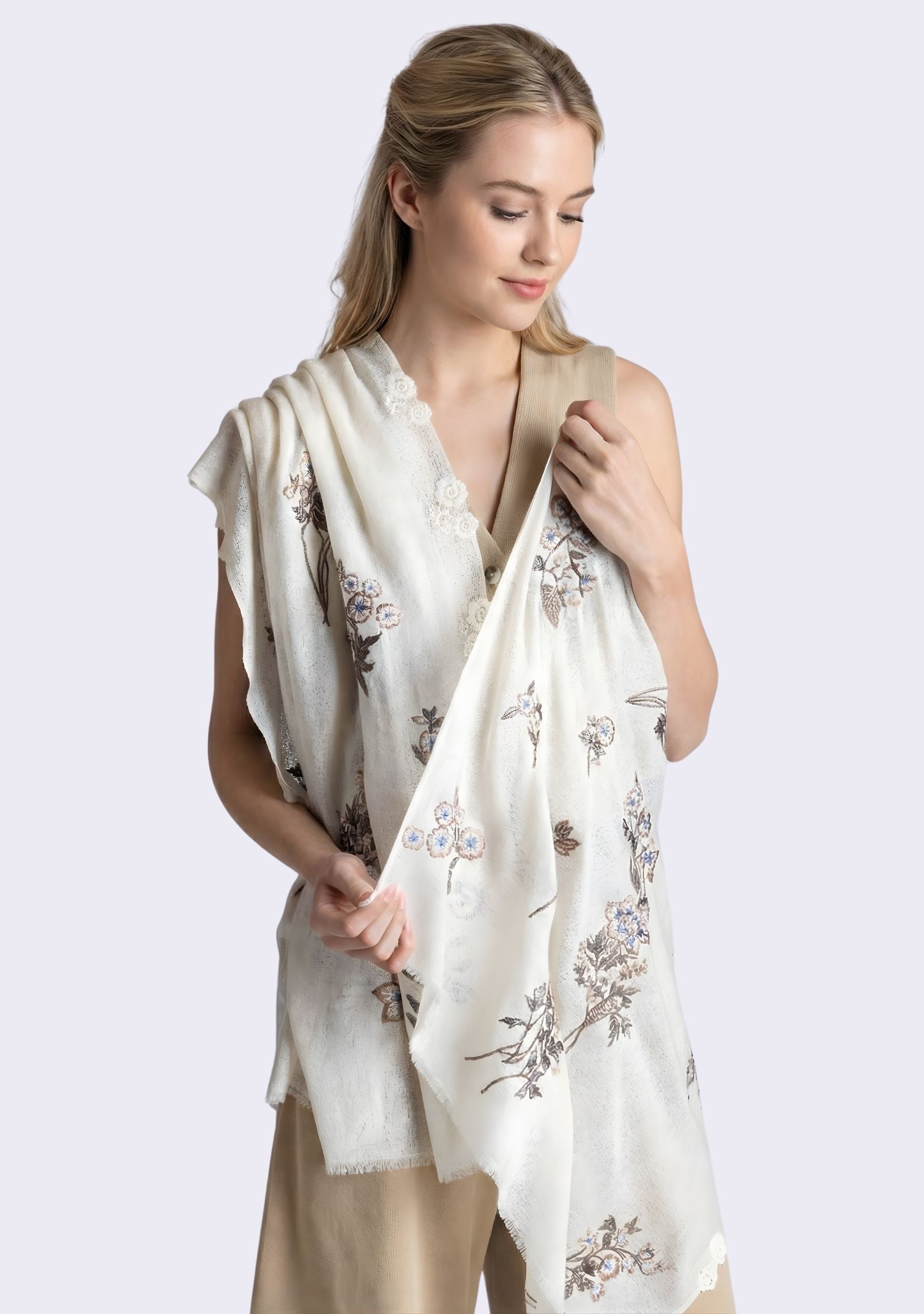 Ivory Cashmere Scarf
 Multi-colored Embroidery & Ivory Lace