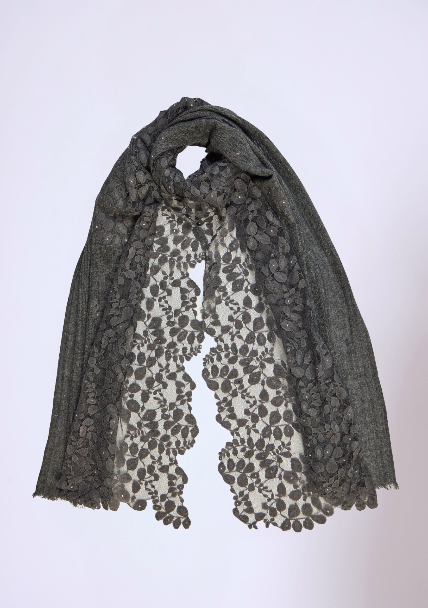Charcoal Melange Wool Scarf Charcoal Lace & Silver Swarovski
