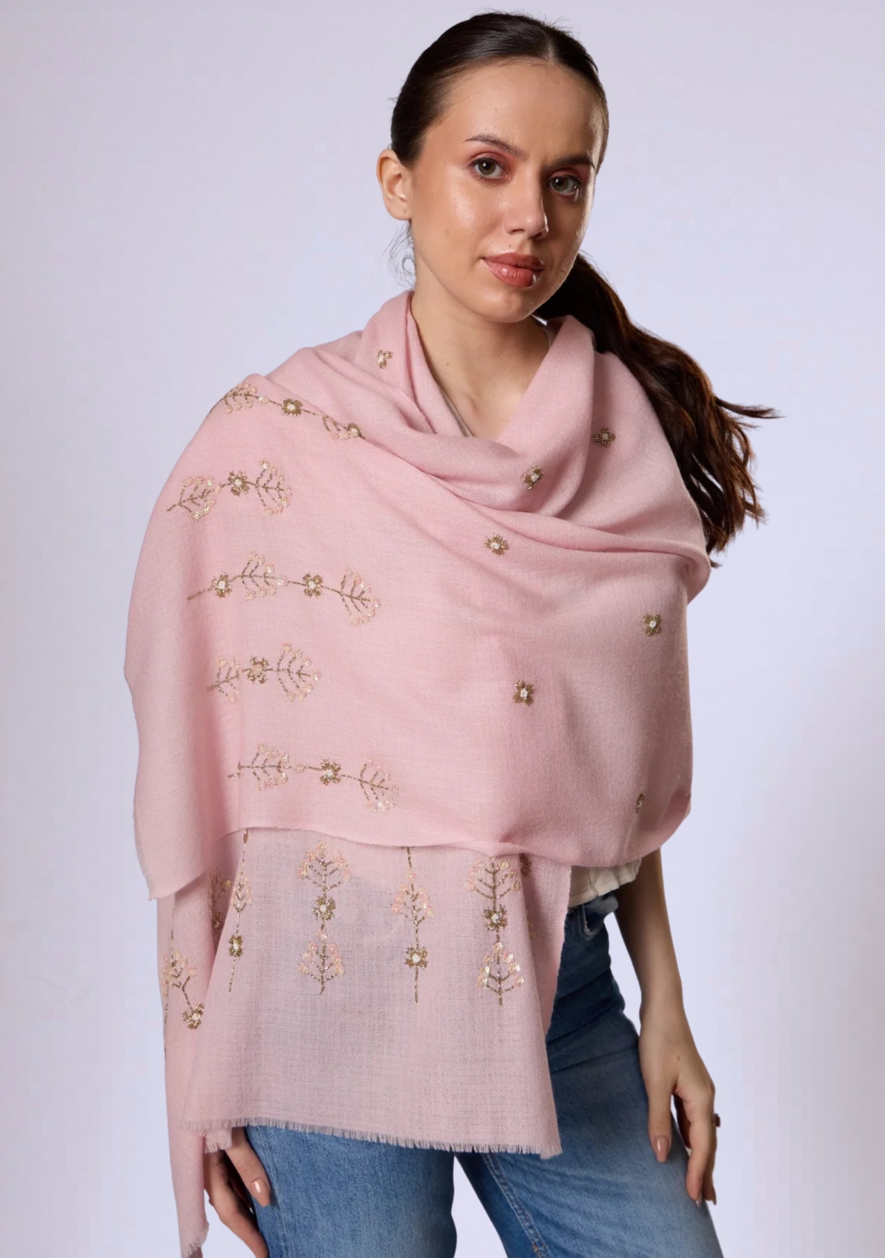 Pink Cashmere Scarf Metallic Bead & Sequin Embroidery