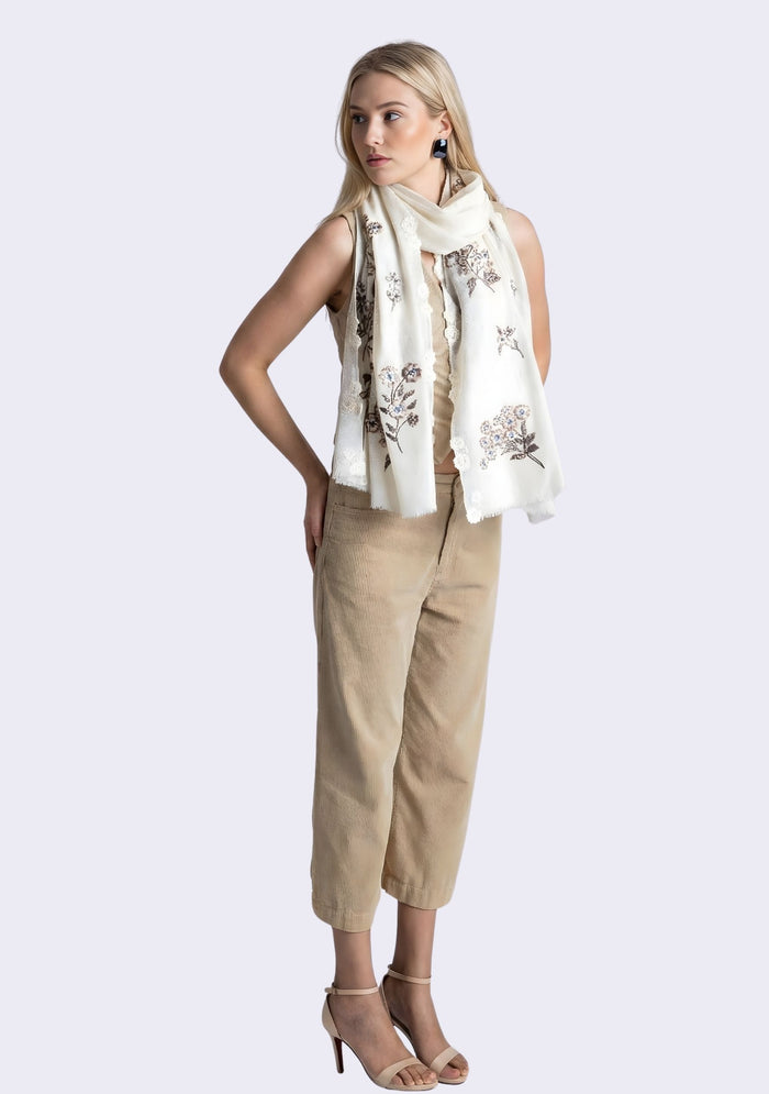 Ivory Cashmere Scarf
 Multi-colored Embroidery & Ivory Lace