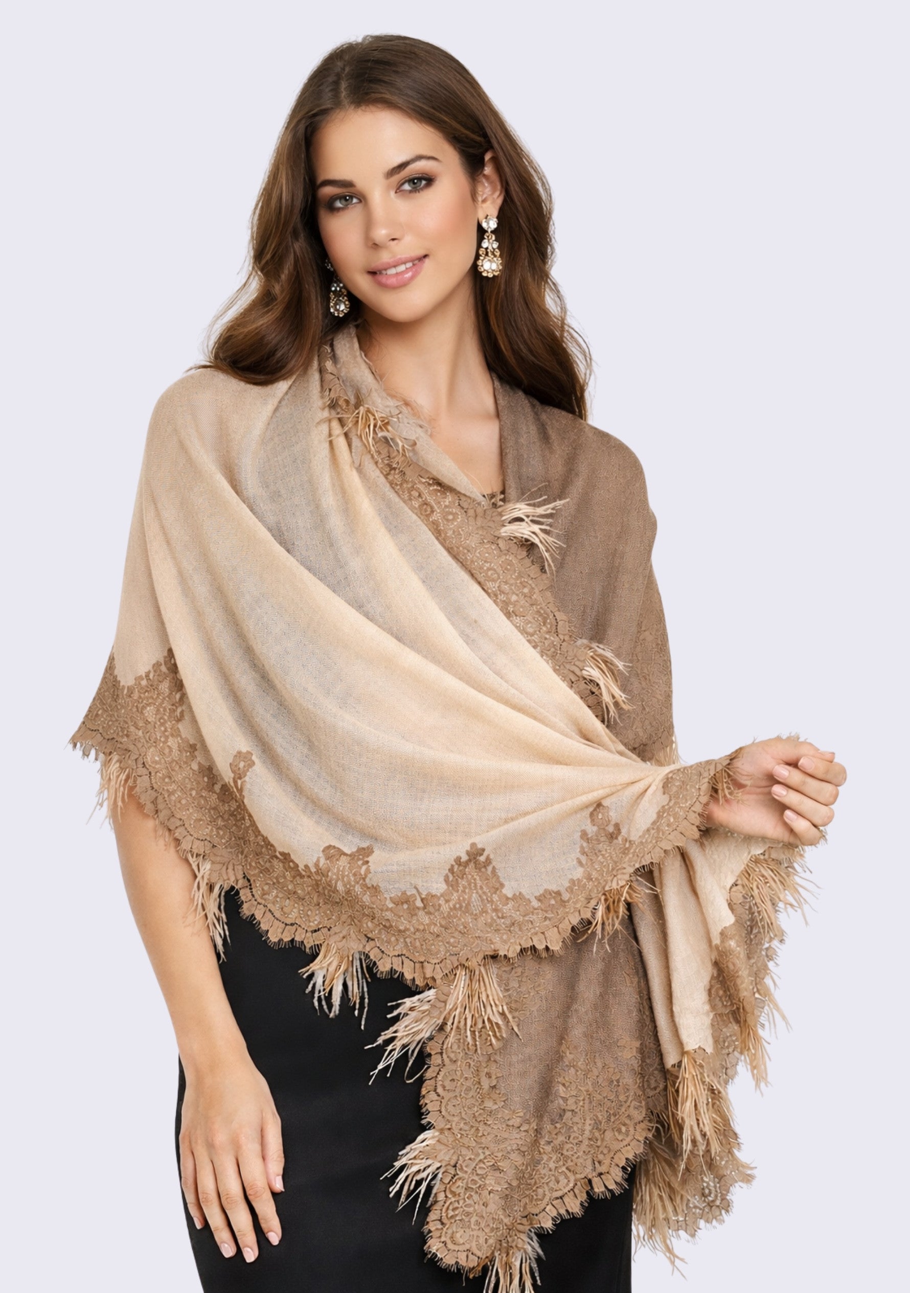 Beige Cashmere Scarf Dk. Beige Lace & Beige Feathers