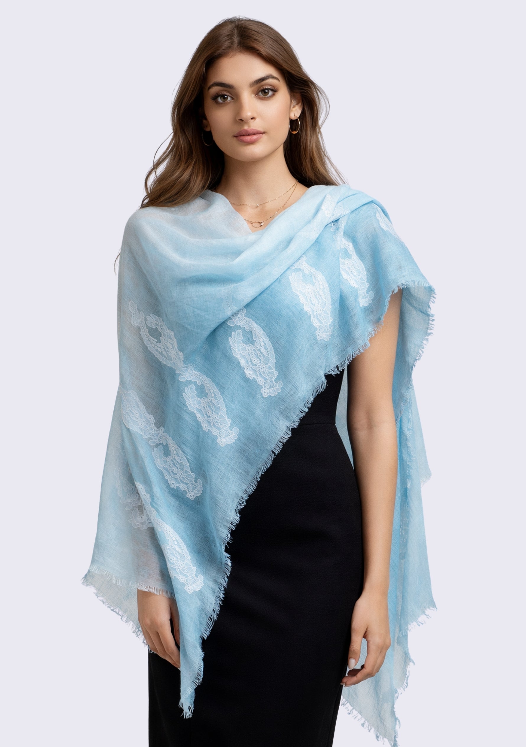 Steel Blue & White Ombre Linen Scarf White Lace