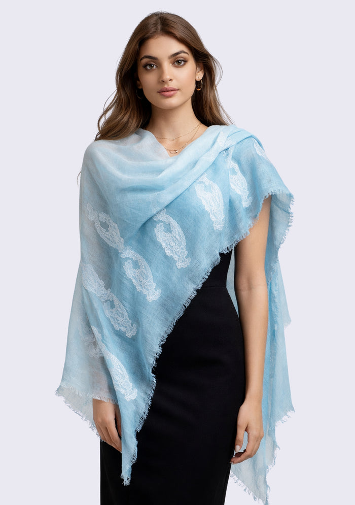 Steel Blue & White Ombre Linen Scarf White Lace