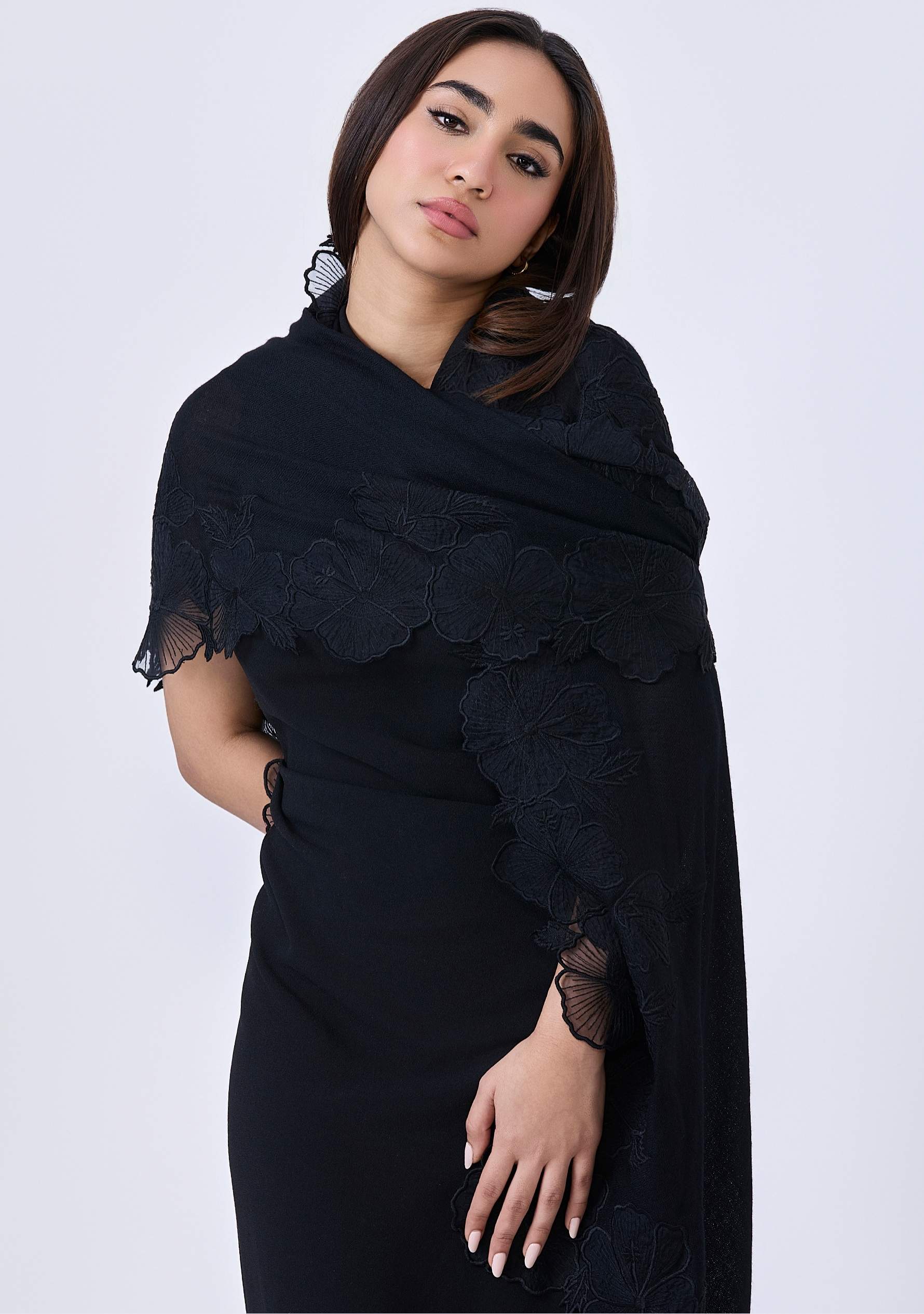 Black Cashmere Scarf Black Embroidery