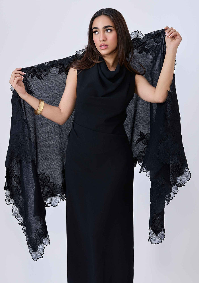 Black Cashmere Scarf Black Embroidery