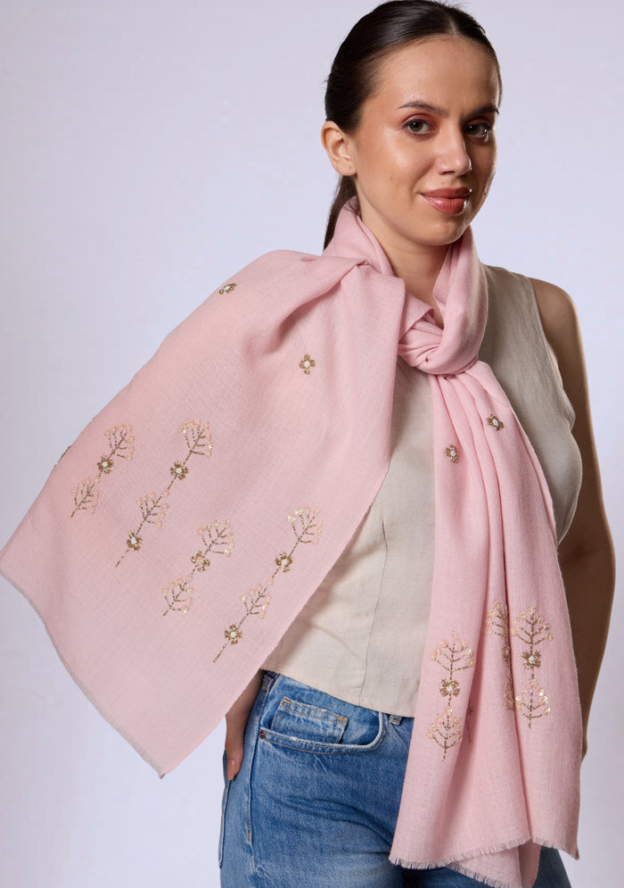 Pink Cashmere Scarf Metallic Bead & Sequin Embroidery