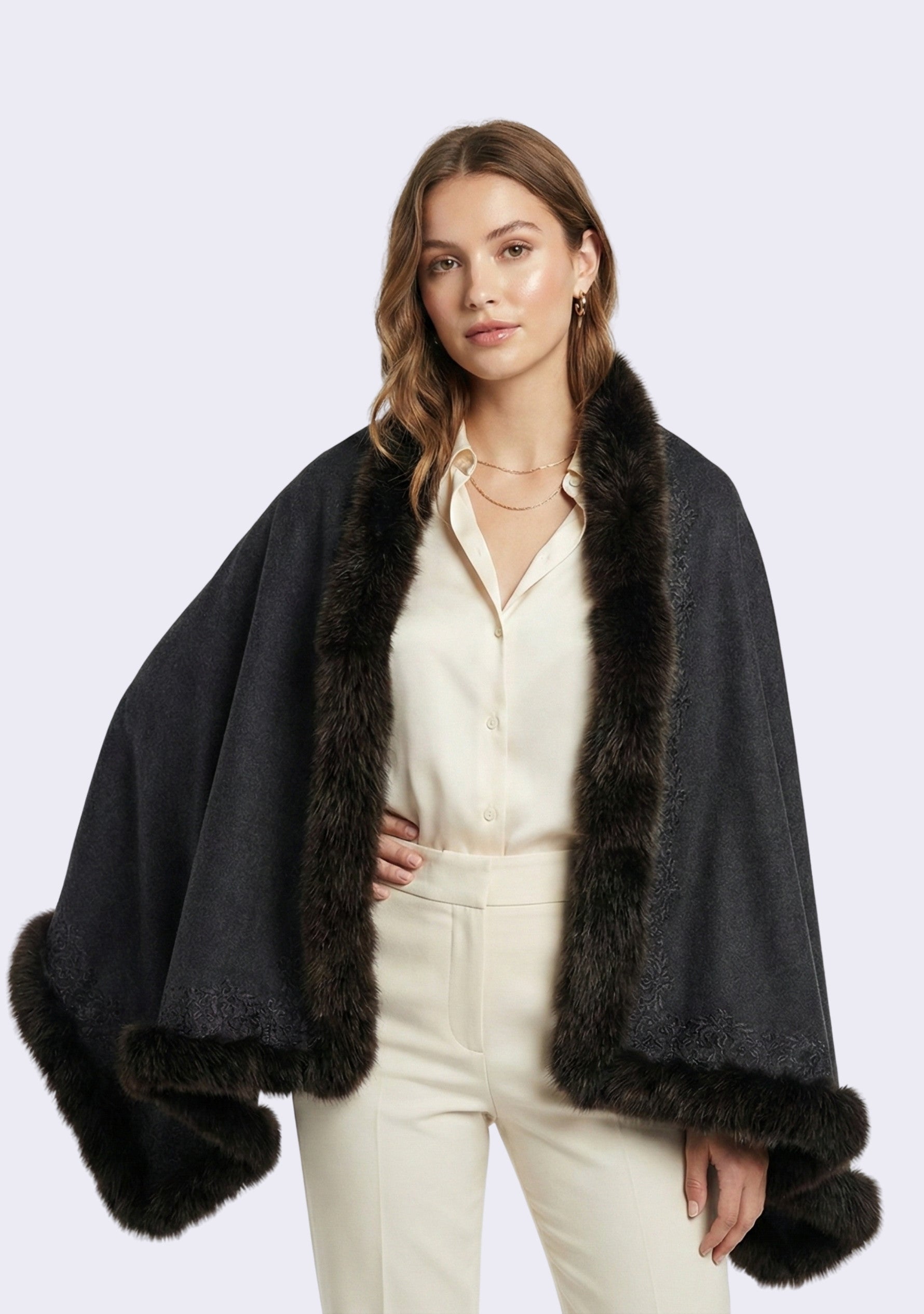 Charcoal Cashmere wrap, Fox Fur & Charcoal Floral Lace