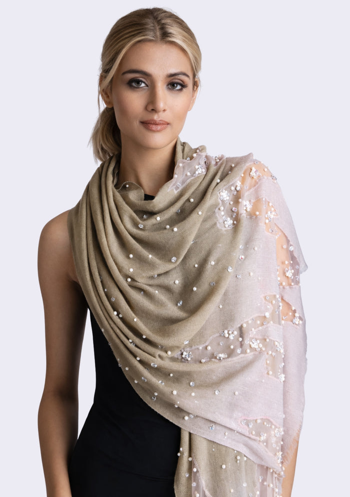 Mousse-Khaki Cashmere Scarf Silver Rhinestones & White Pearls