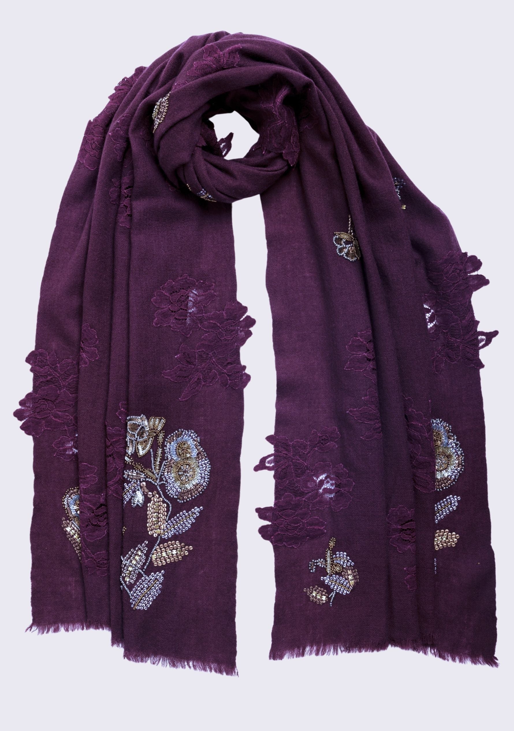 Plum Cashmere Scarf Metallic Hand-Embroidery & Plum Lace