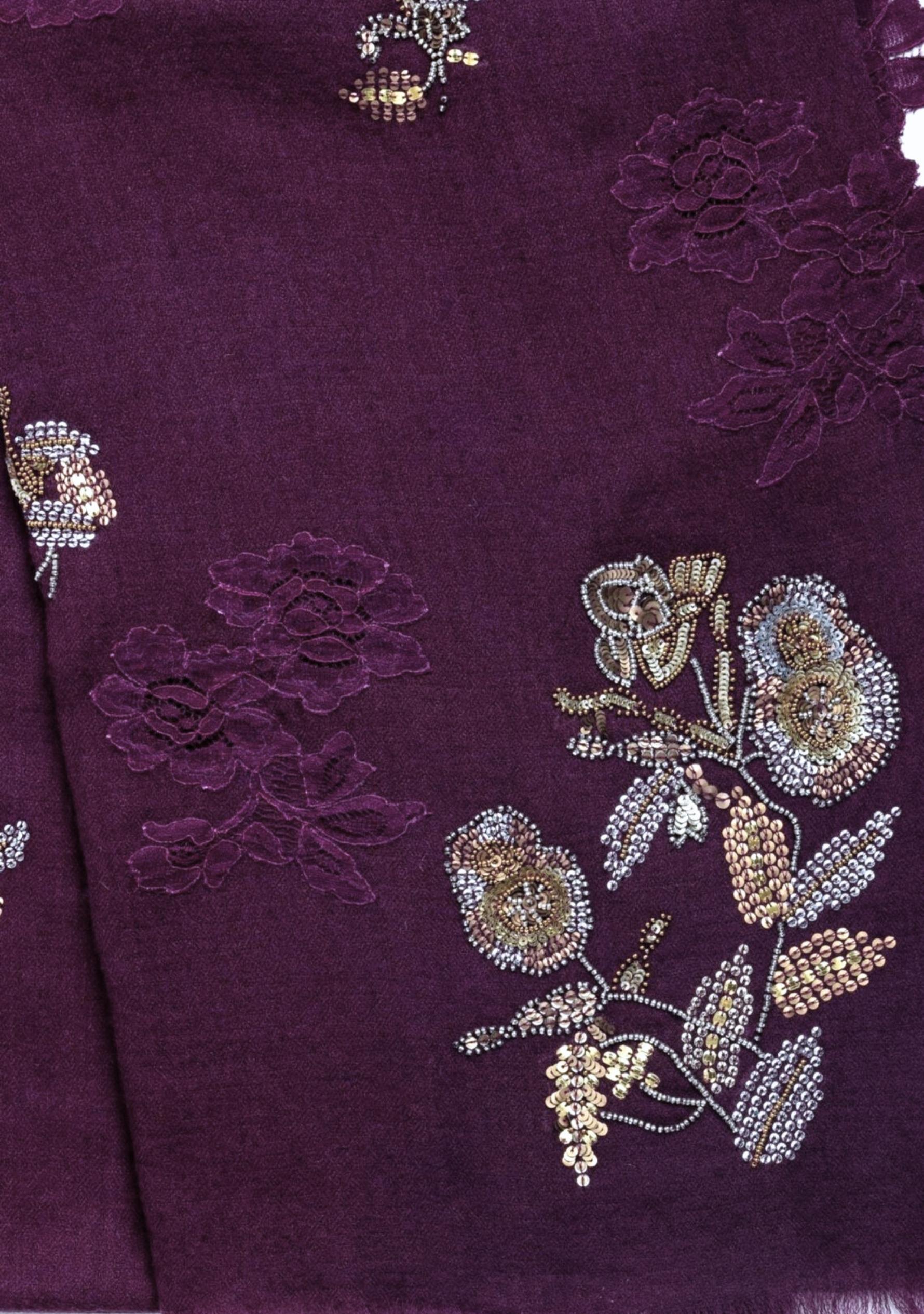 Plum Cashmere Scarf Metallic Hand-Embroidery & Plum Lace