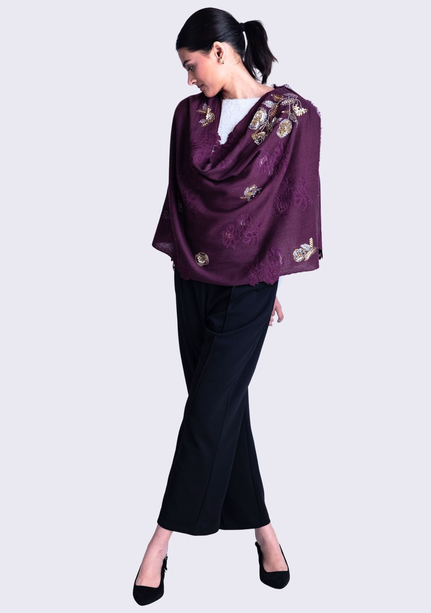 Plum Cashmere Scarf Metallic Hand-Embroidery & Plum Lace
