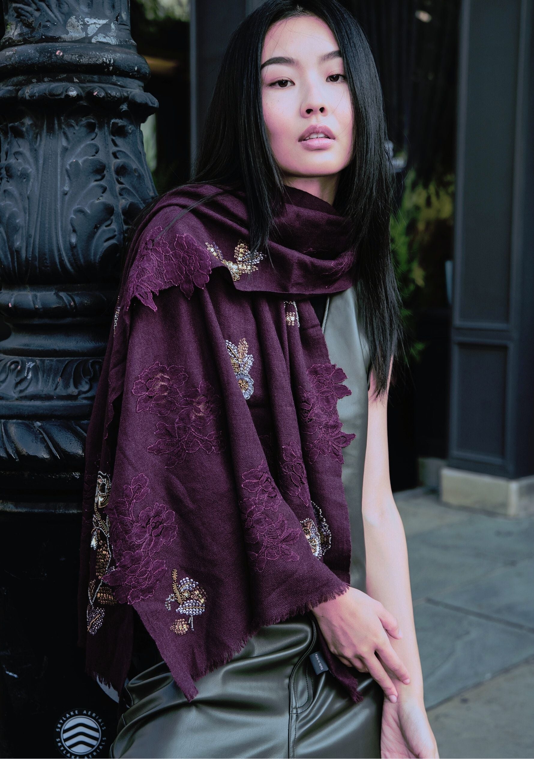 Plum Cashmere Scarf Metallic Hand-Embroidery & Plum Lace