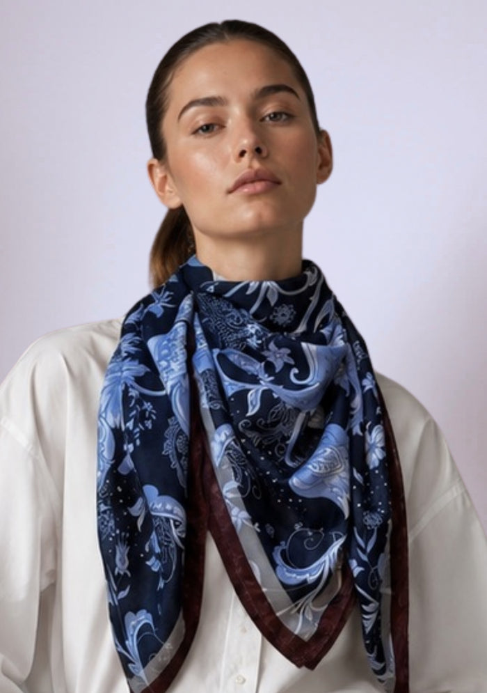Blue & Brown Jacobean Print Silk Square Scarf Silver and Gunmetal Swarovski Crystals