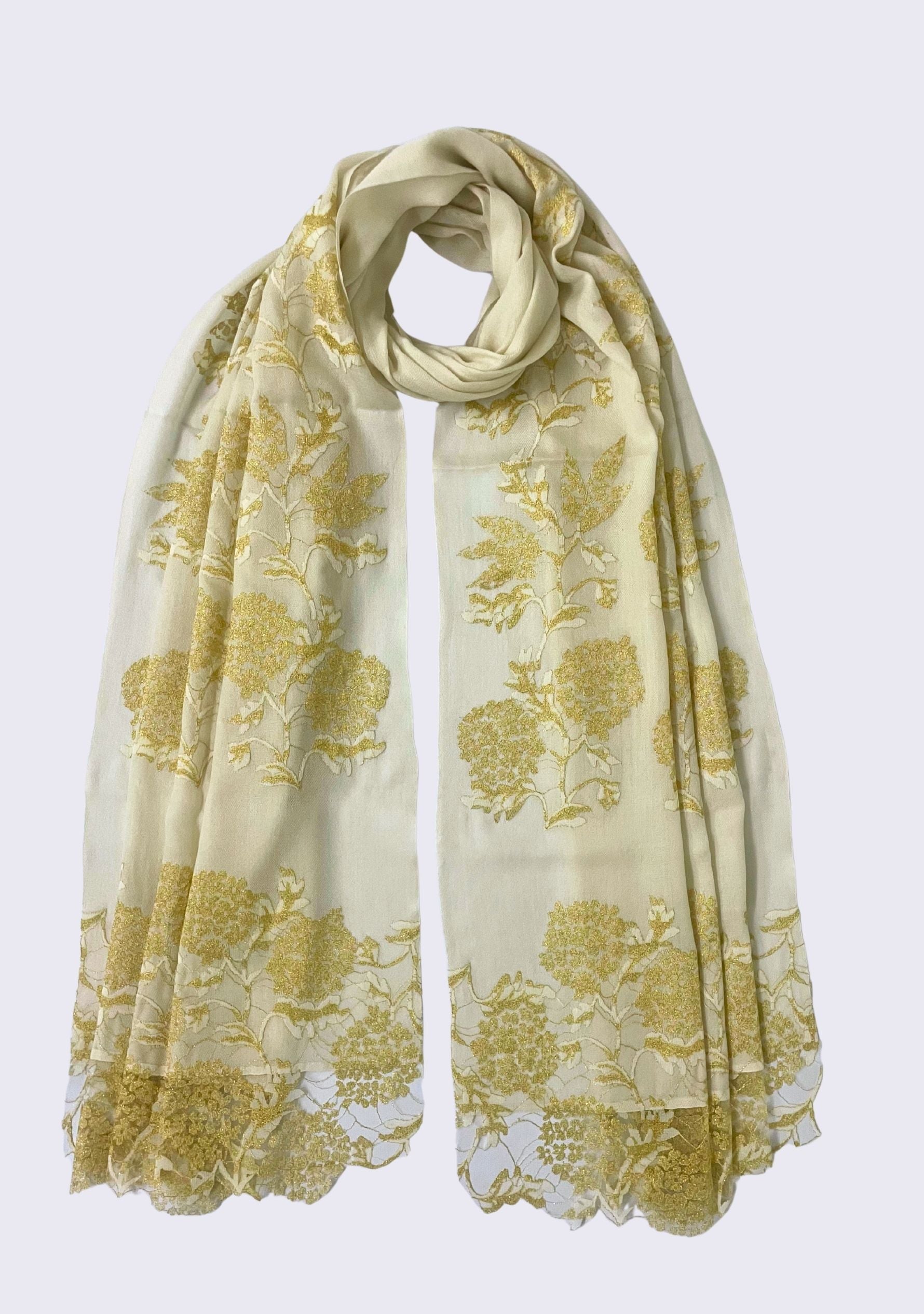 Ivory Wool & Silk Scarf Gold Lace