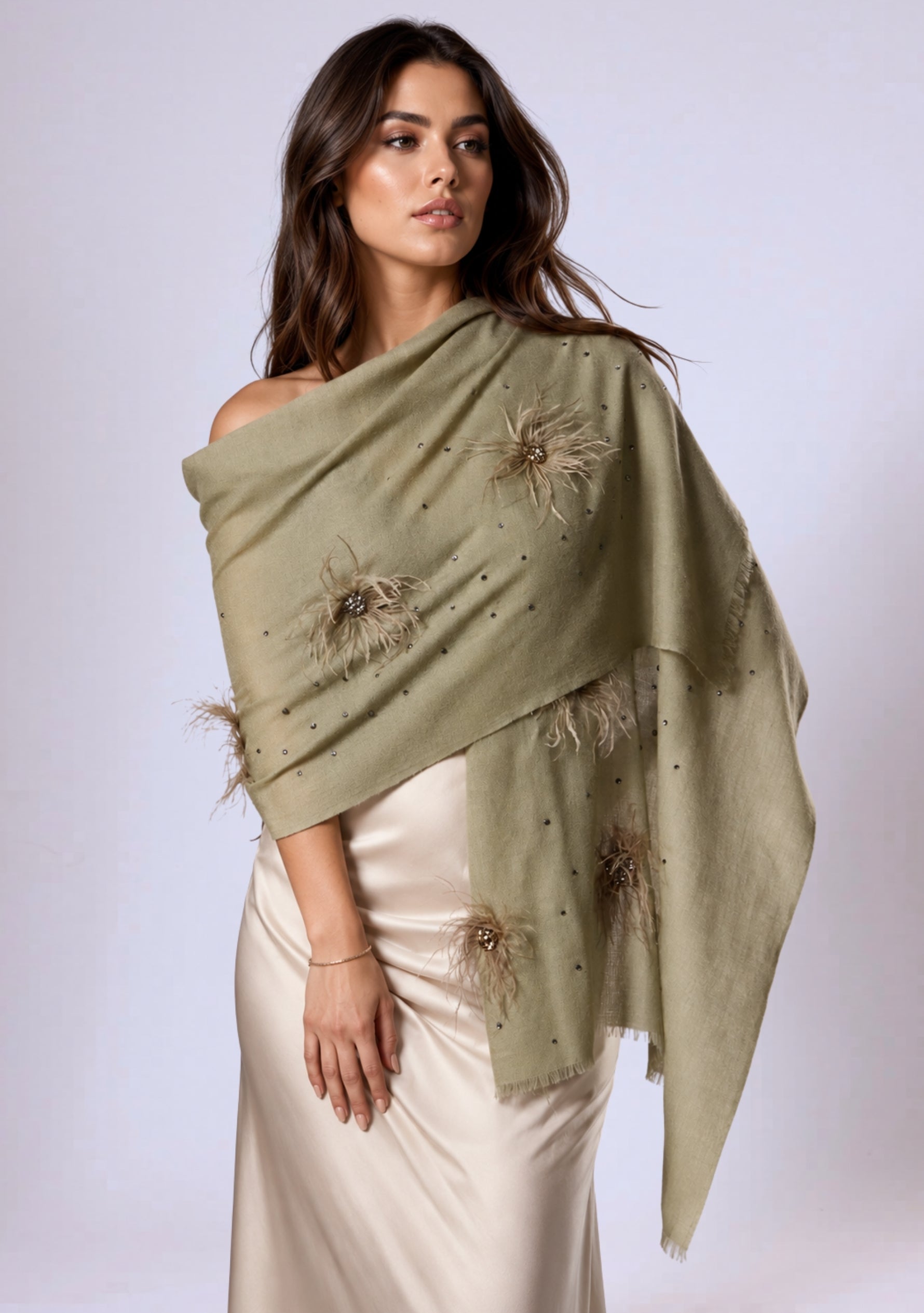 Khaki Cashmere Scarf Khaki Ostrich Feather Flowers with Metallic Beads & Swarovski Crystals