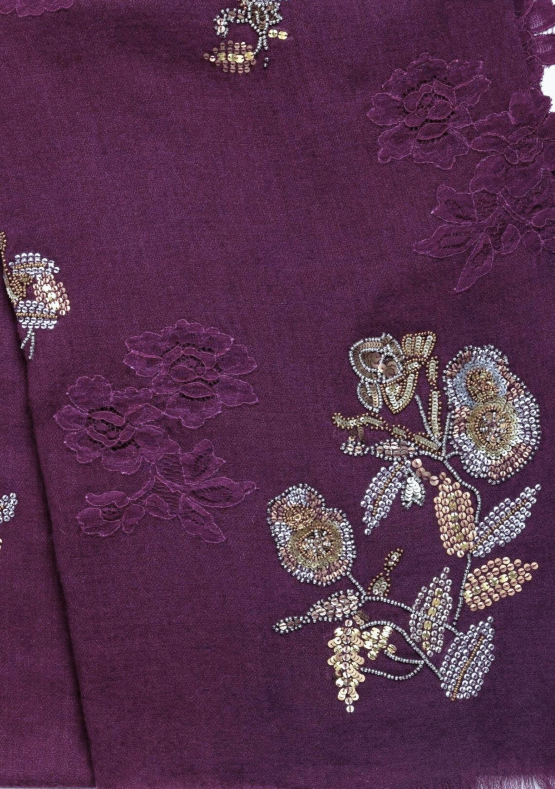 Plum Cashmere Scarf Metallic Hand-Embroidery & Plum Lace