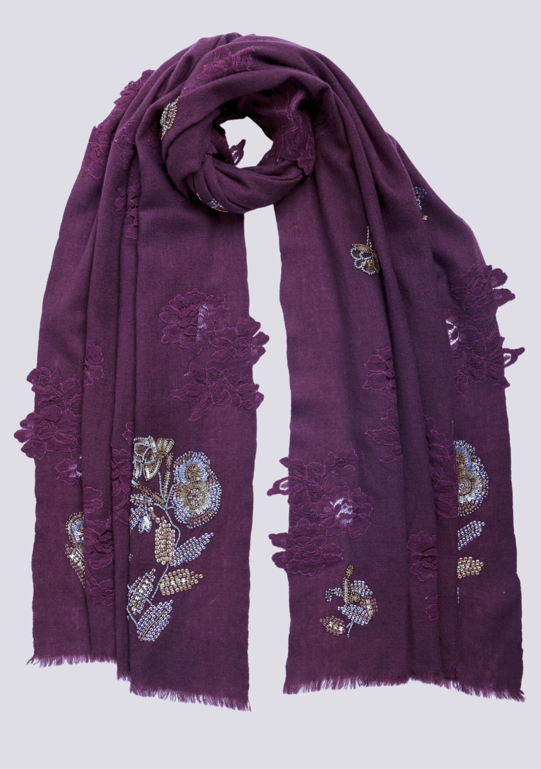 Plum Cashmere Scarf Metallic Hand-Embroidery & Plum Lace