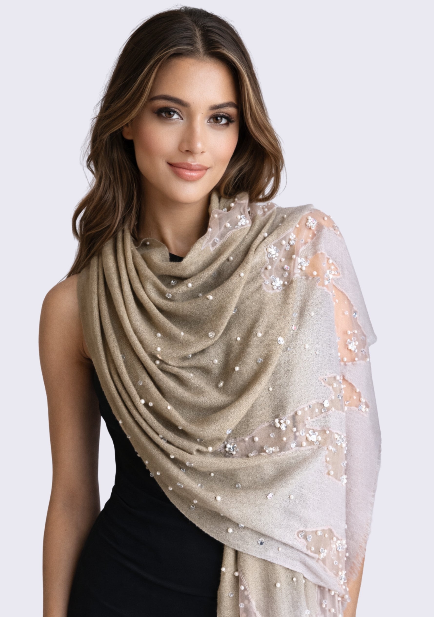 Mousse-Khaki Cashmere Scarf Silver Rhinestones & White Pearls