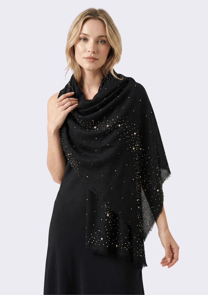 Black Cashmere Scarf 
Ivory Pearls