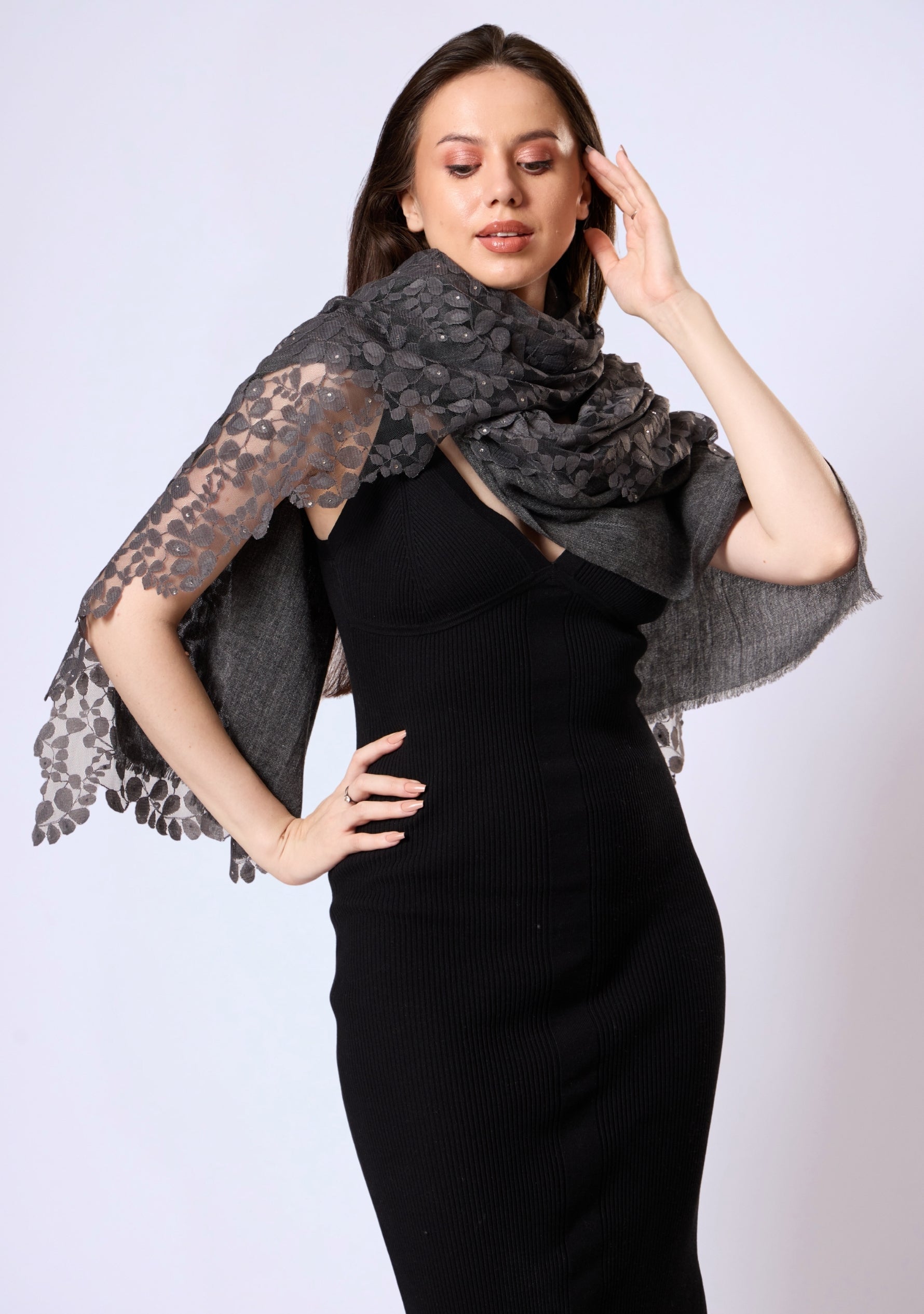 Charcoal Melange Wool Scarf Charcoal Lace & Silver Swarovski