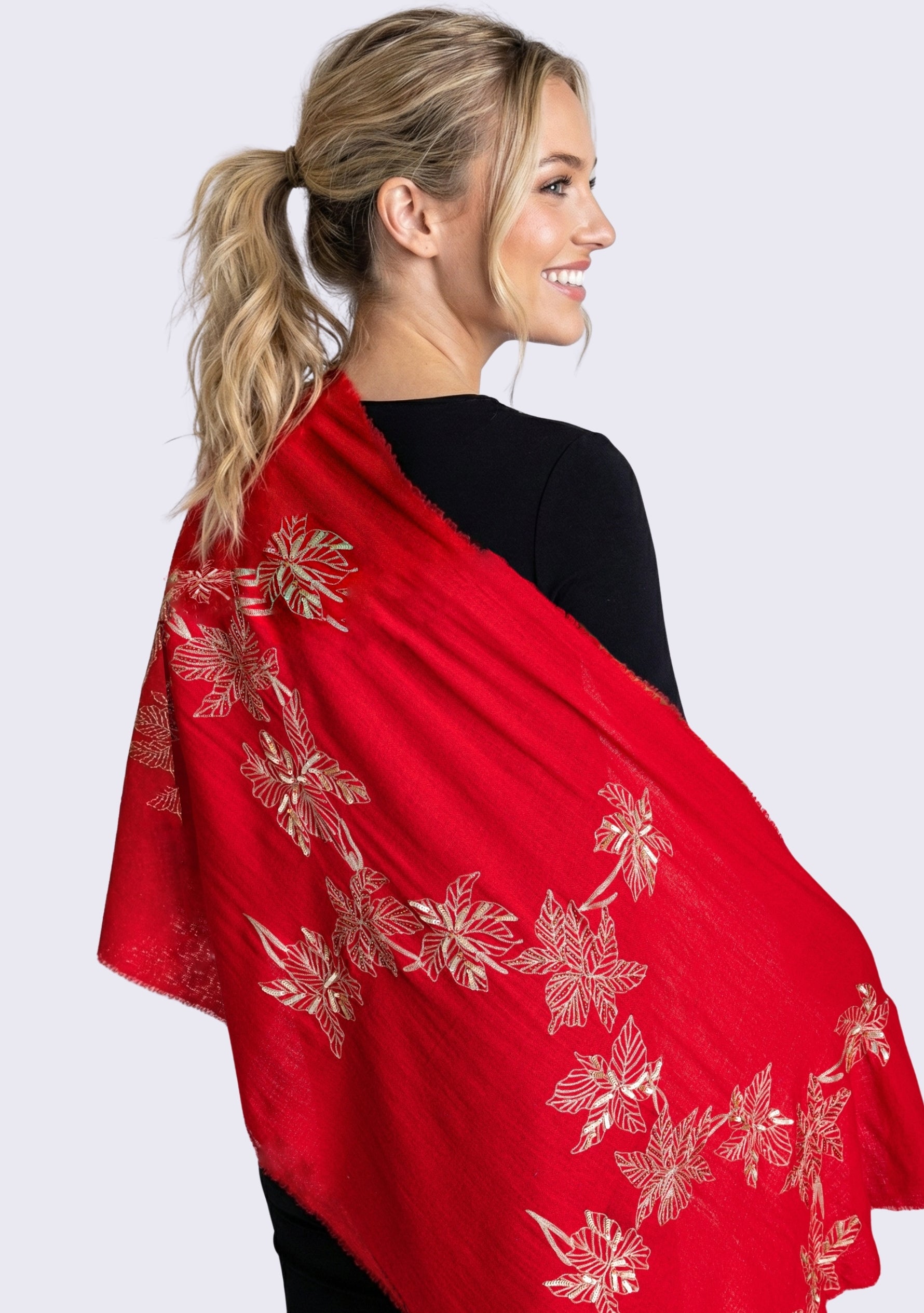 Bright Red Cashmere Scarf Dull Gold Sequin & Metallic Embroidery