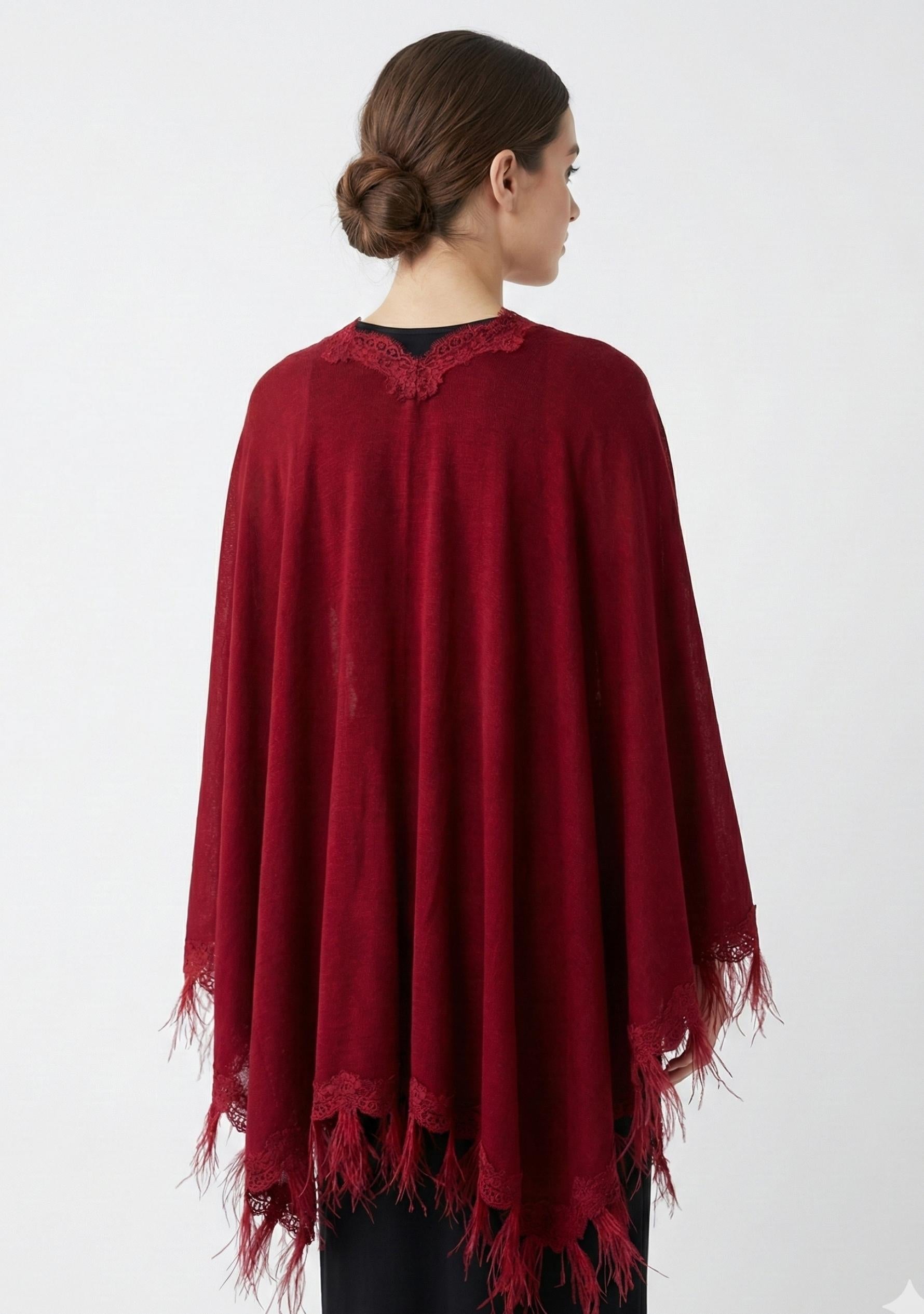 Red Knitted Merino Wool Cape Scalloped Red Lace & Feathers