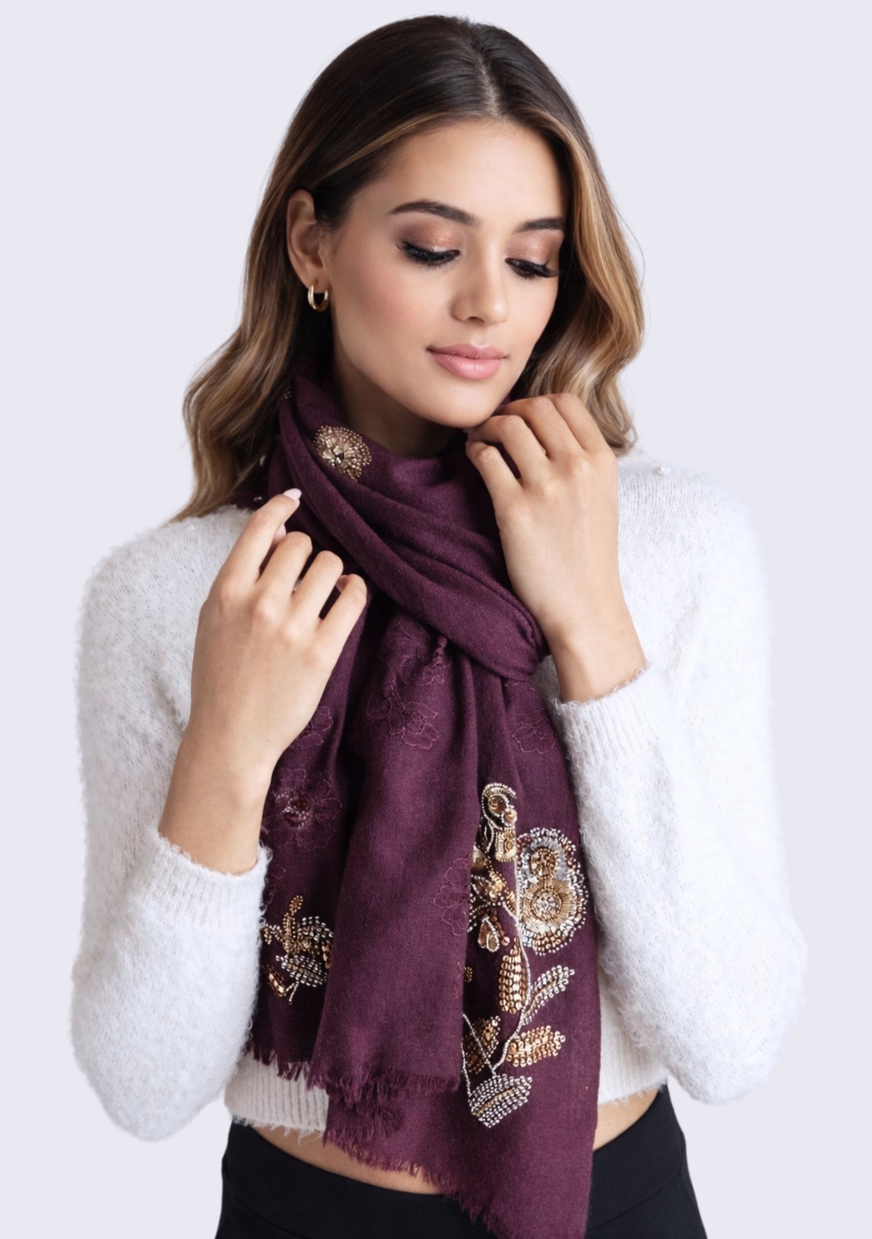 Plum Cashmere Scarf Metallic Hand-Embroidery & Plum Lace