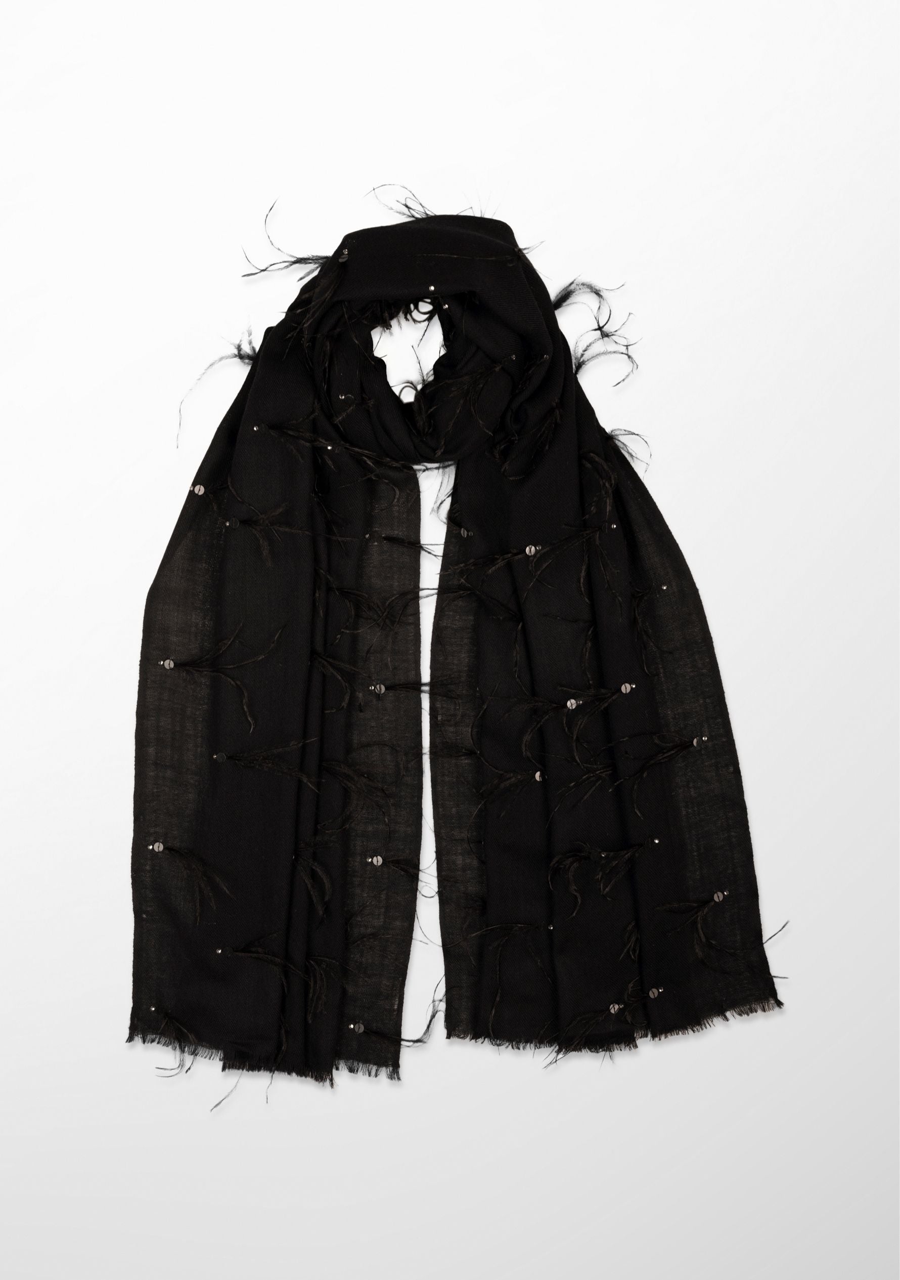 Black Cashmere Pashmina Scarf Black Ostrich Feathers & Antique Silver Swarovski Crystal