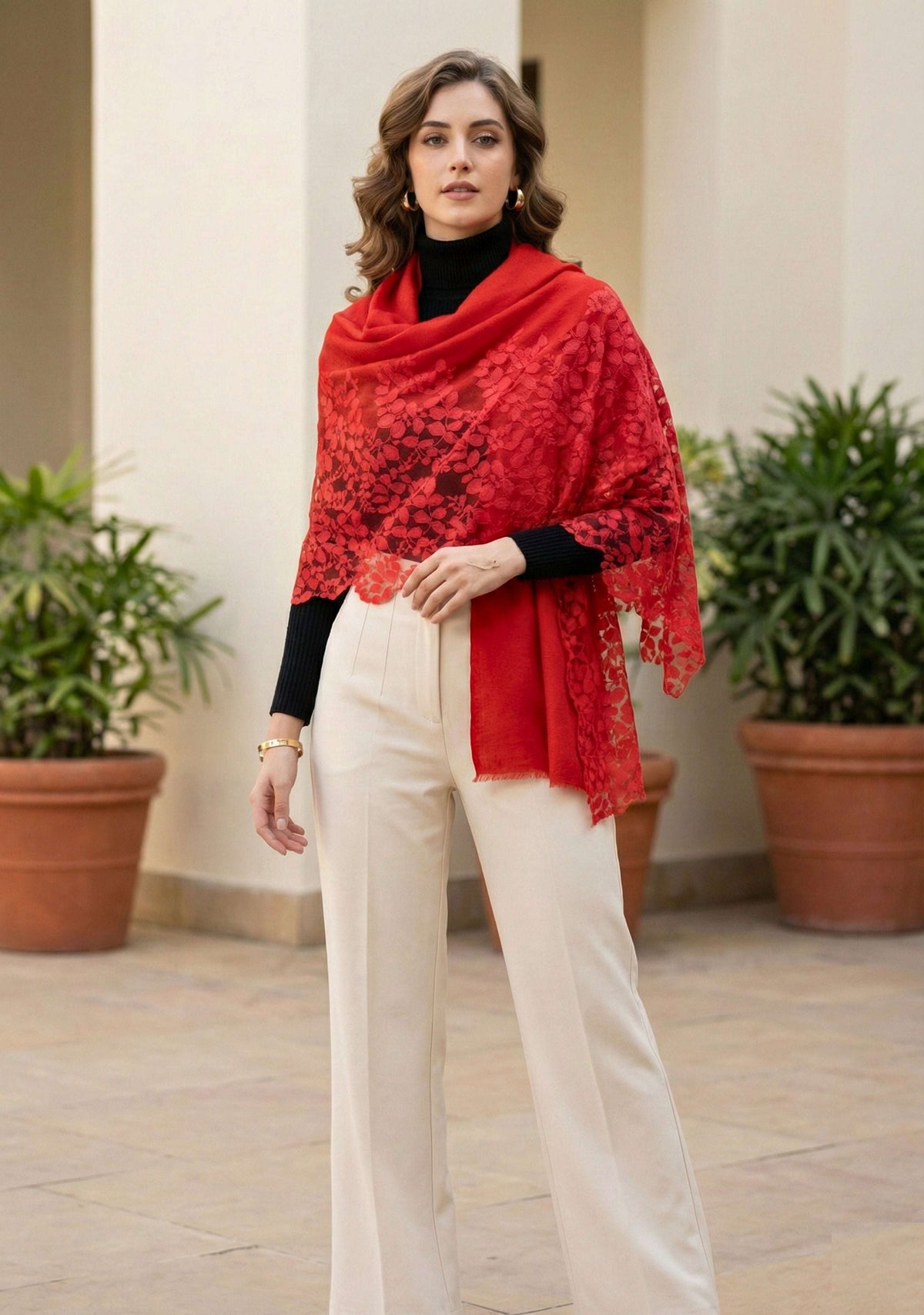 Tomato Red Silk & Wool Scarf 
Tomato Red Lace