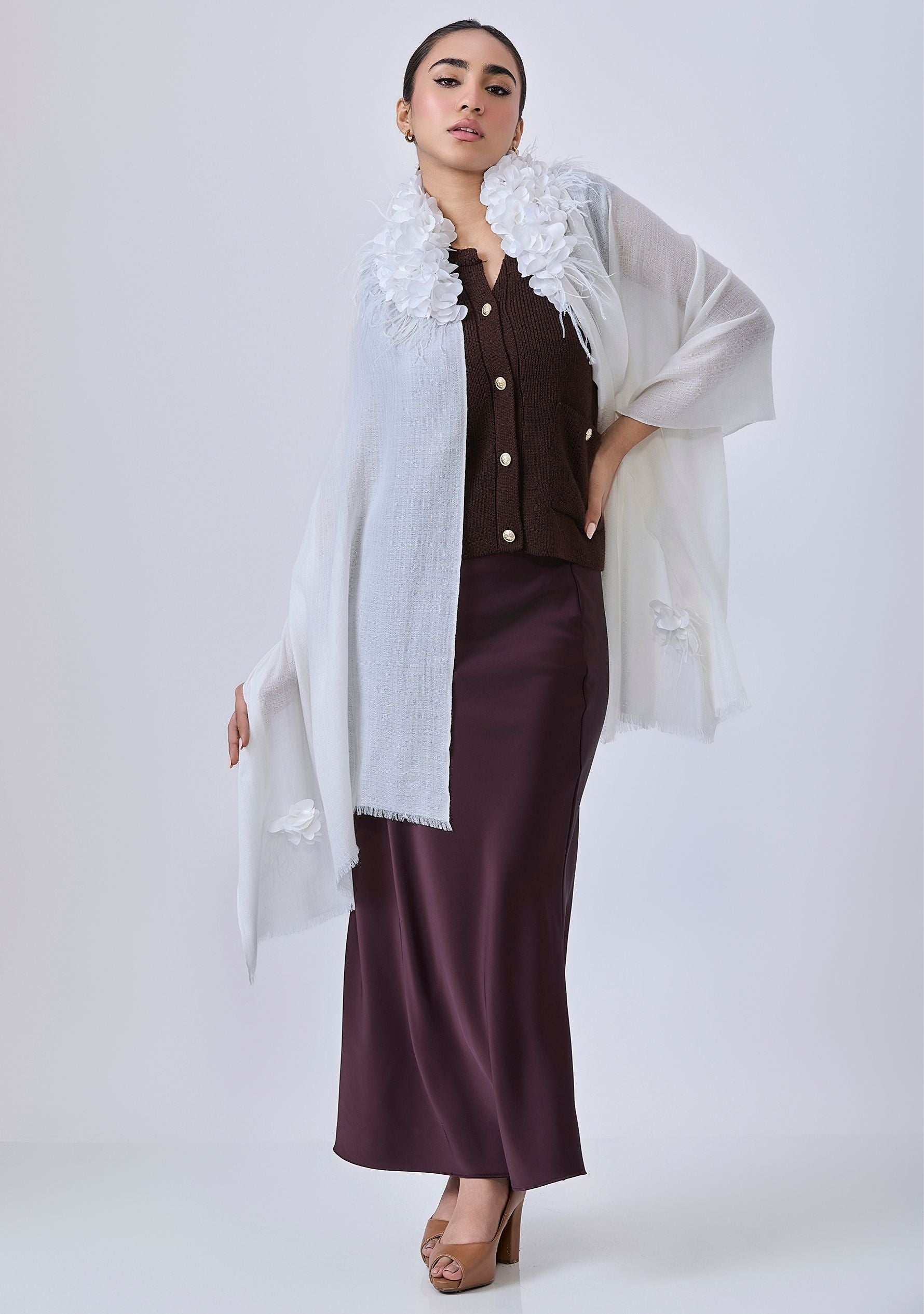 Ivory Cashmere ScarfIvory Feather & Satin Applique