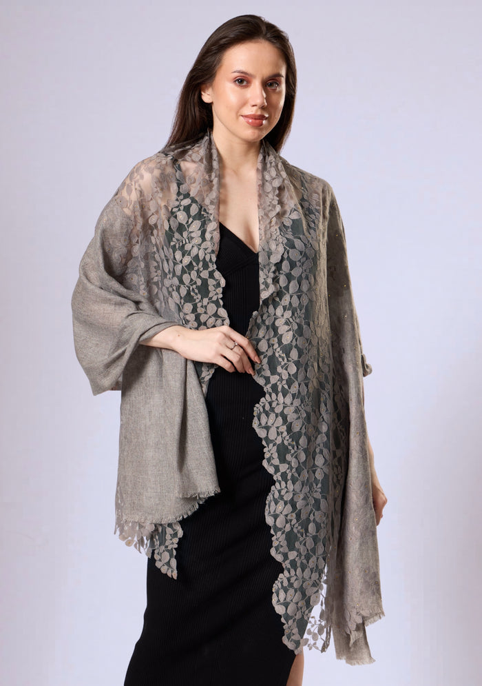 Natural Melange Wool Scarf Natural Lace & Gold Swarovski