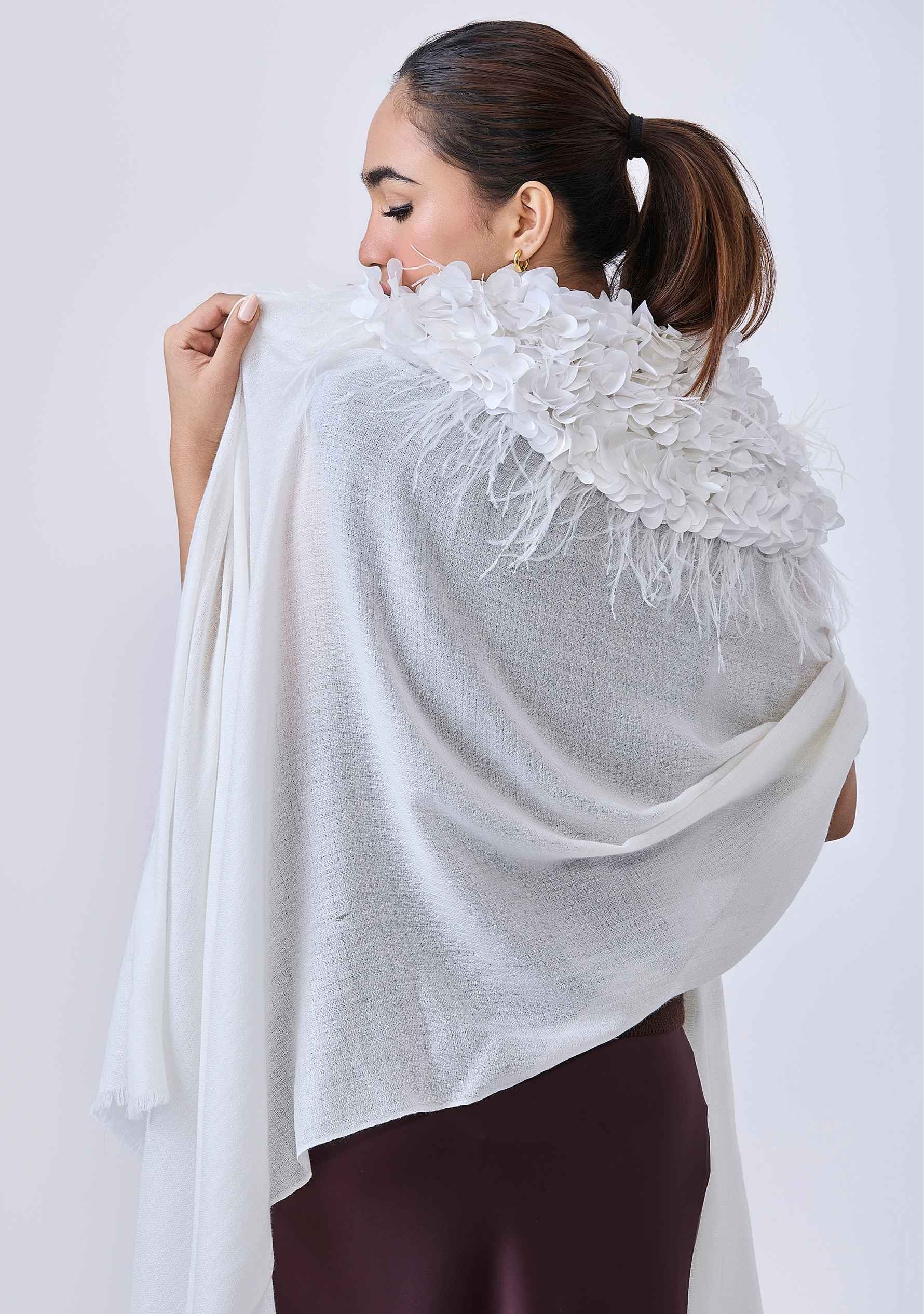 Ivory Cashmere ScarfIvory Feather & Satin Applique