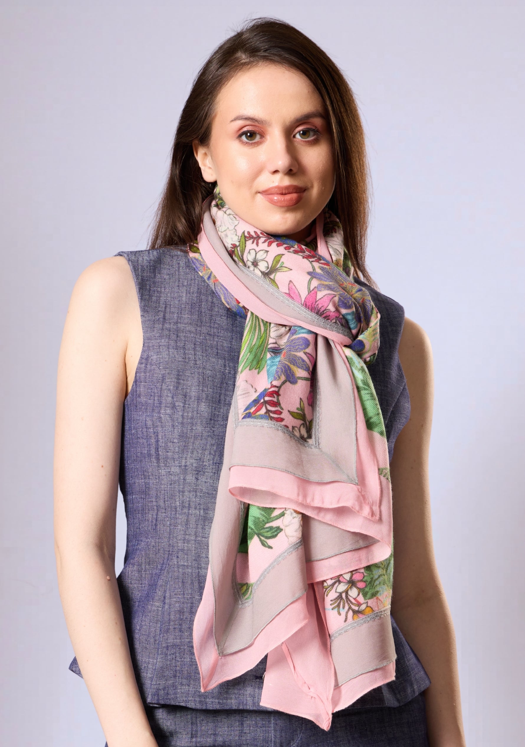 Pink Botanical Print Wool & Silk Scarf Pink & Mousse Double Georgette and Filigree Lace Border