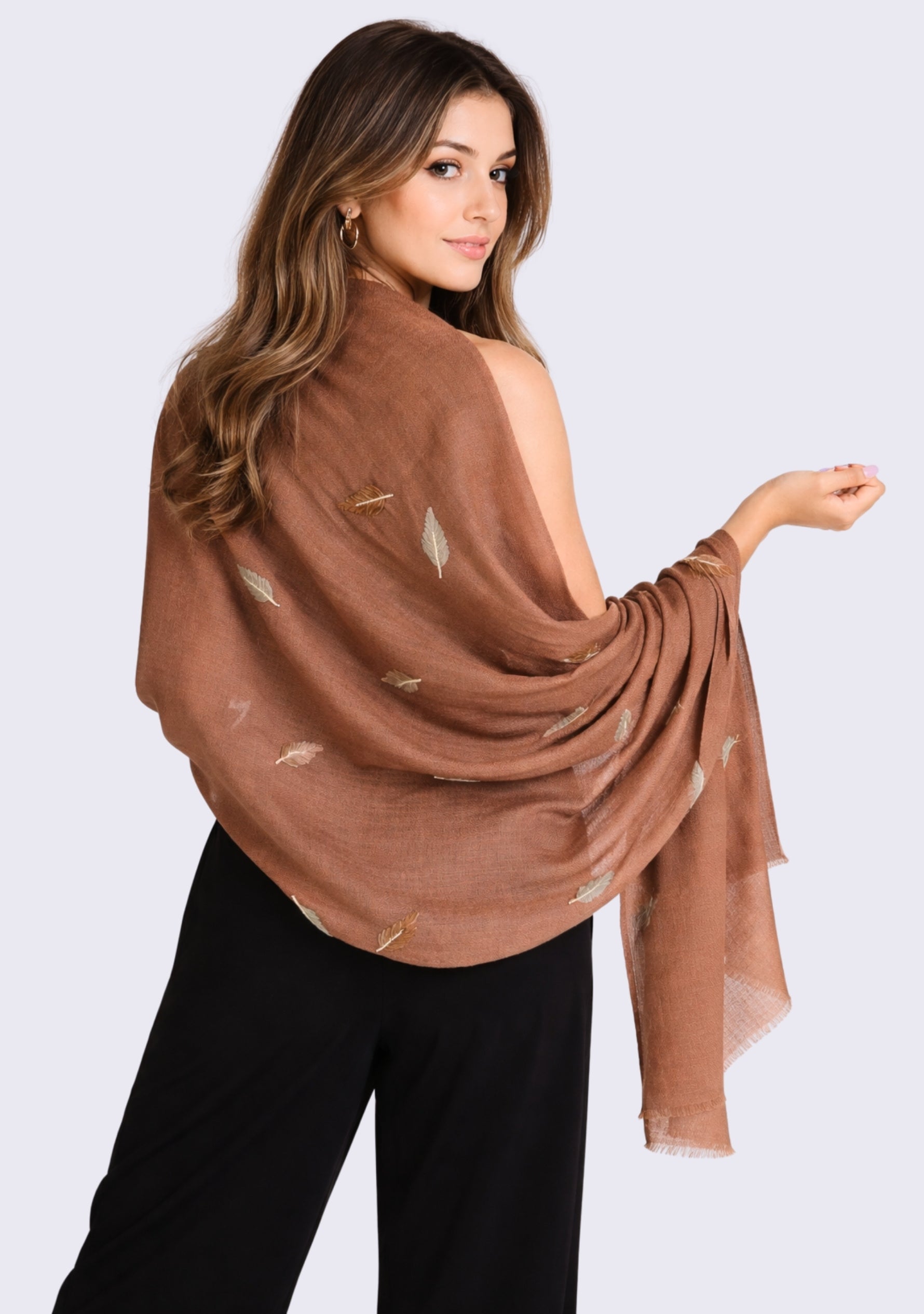 Brown Wool & Silk Scarf
Taupe & Brown Embroidery and Ivory Pearls