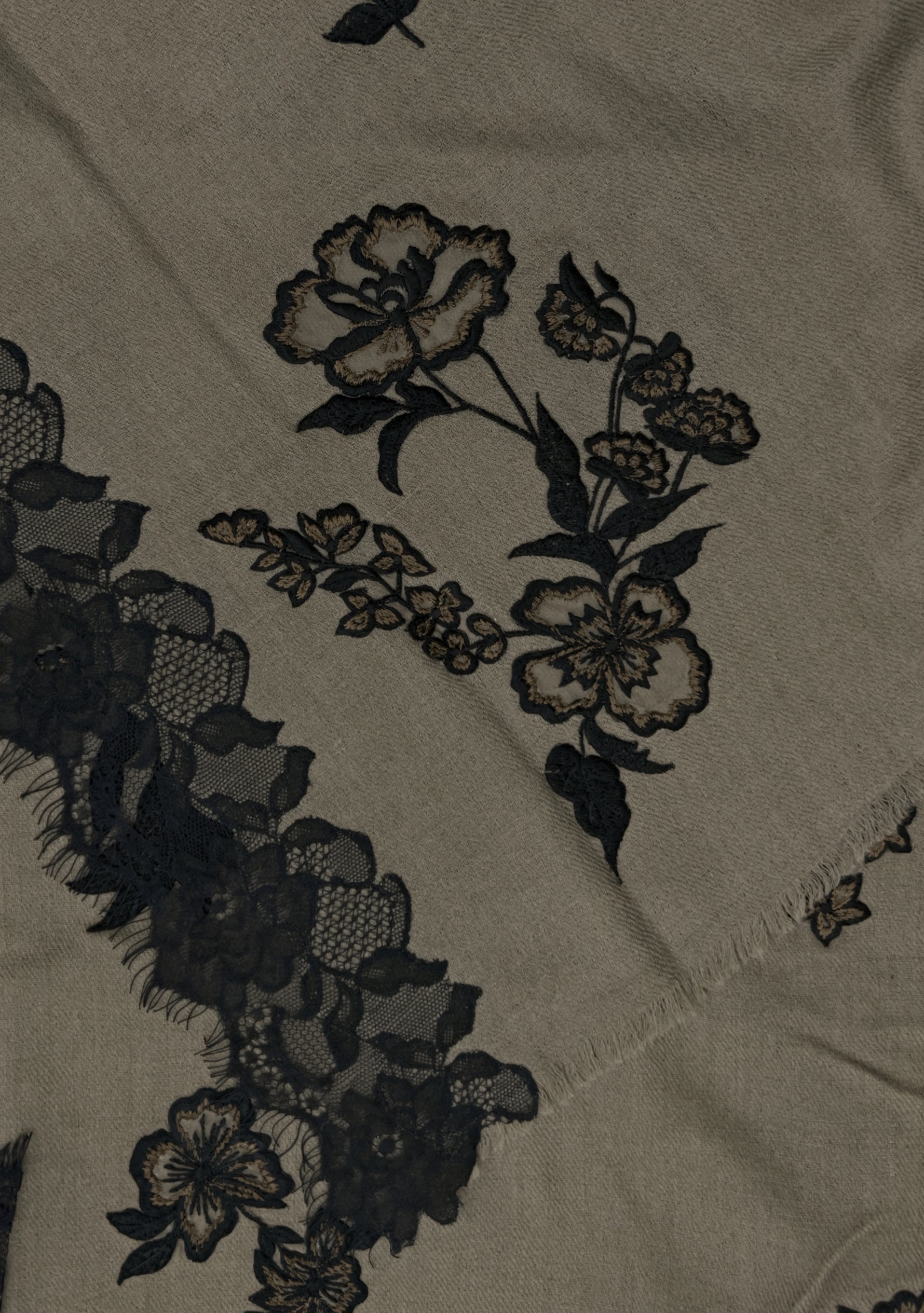 Taupe Cashmere Scarf Black & Taupe Floral Embroidery & Black Filigree Lace