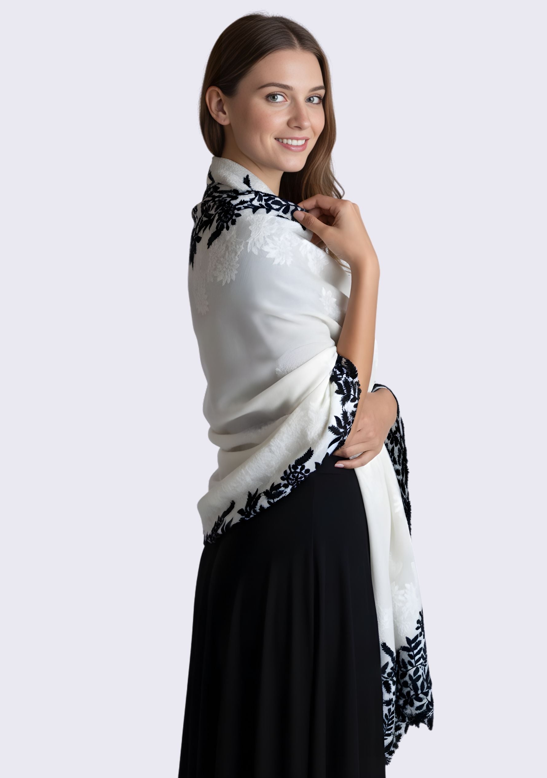 Ivory Cashmere Scarf
Black Embroidery & Ivory Lace