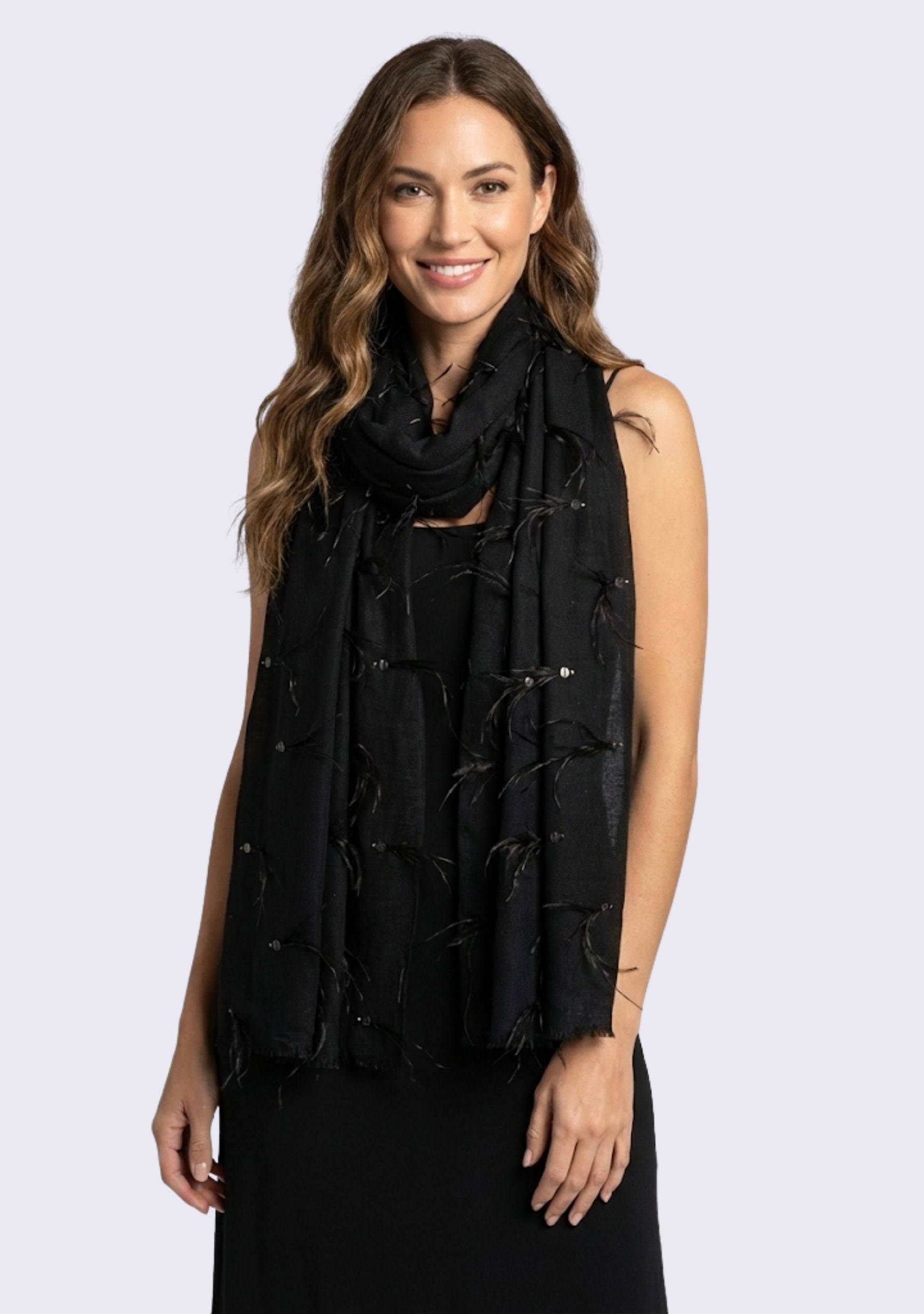 Black Cashmere Pashmina Scarf Black Ostrich Feathers & Antique Silver Swarovski Crystal